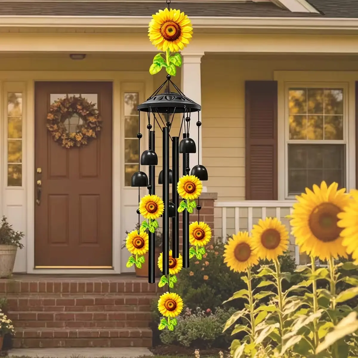 Outdoor Sunflower Wind Chime, 36-Inch Aluminum, Home Garden Patio Decor, Get Well Soon Birthday Gift, Memorial Wind Chime