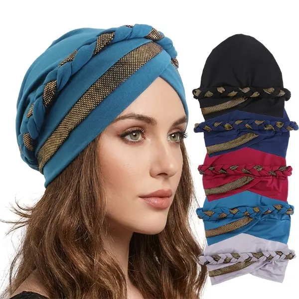 6Pcs Golden Foil Dual-Tone Handmade Braided Headscarf, African Black Headwrap For Women,Two-Tone Handmade Twist Braid Head Wrap - African Headscarf