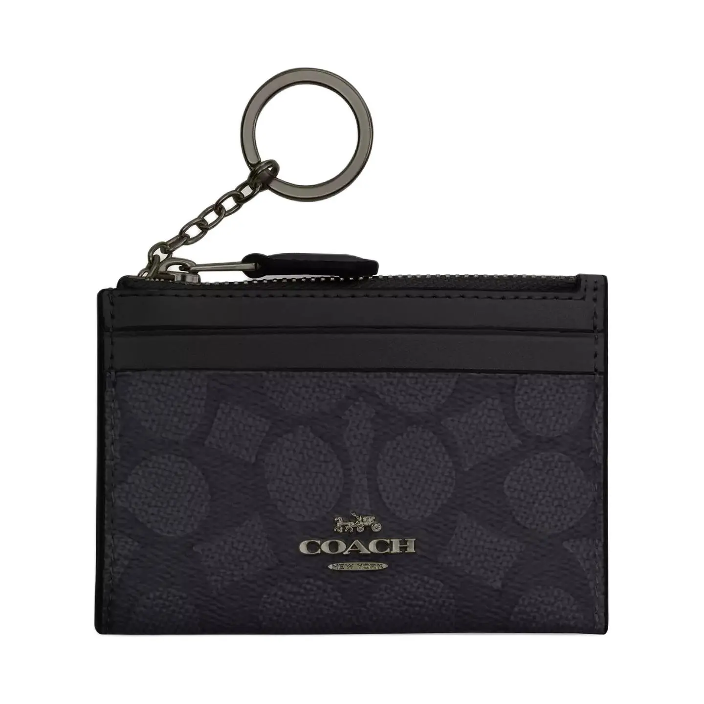 Coach Charcoal-and-Black Coated Canvas Card Holder with Metal Zip Closure for Women