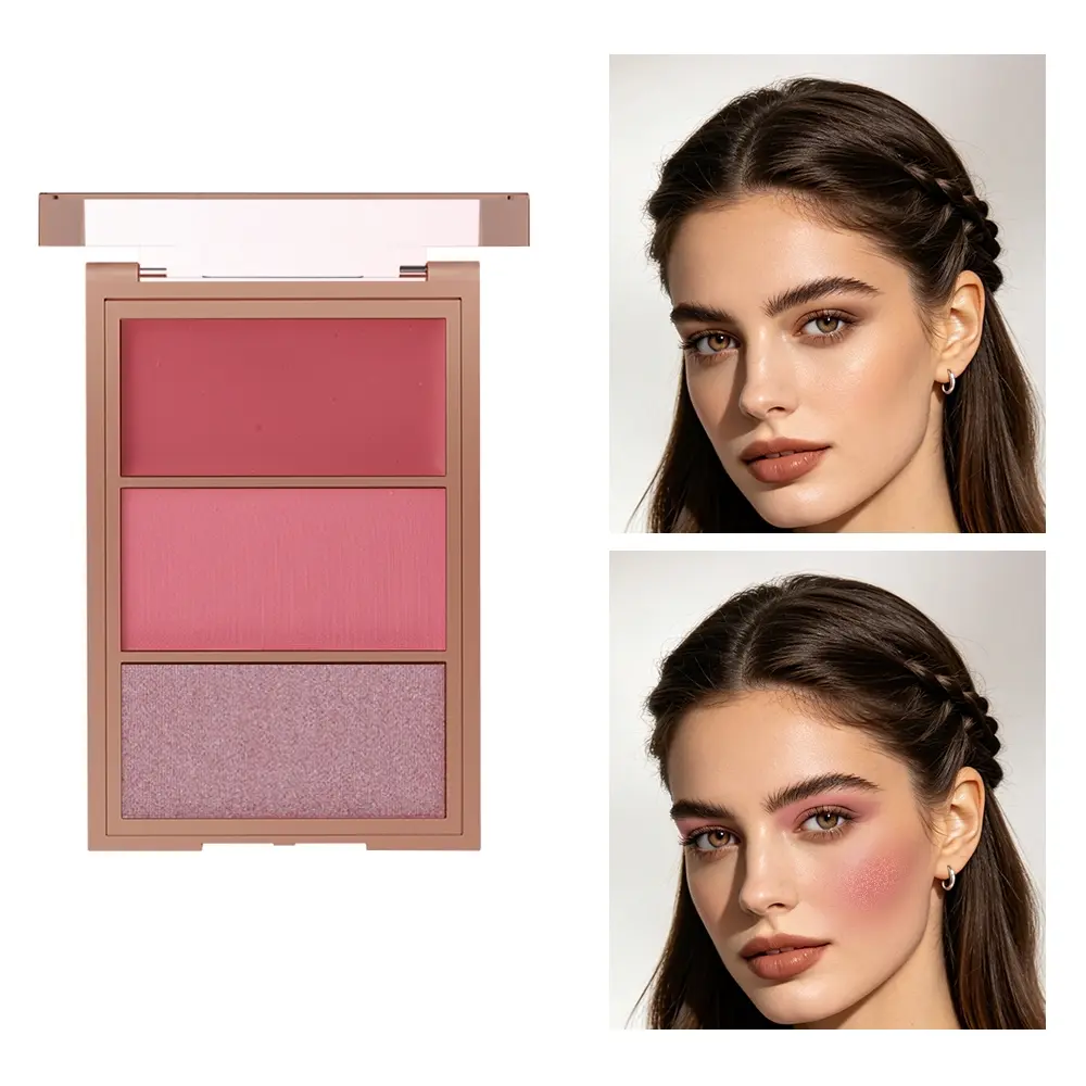 3 In 1 Cream Blush Powder Blush Highlighter Makeup Palette, All-in-One Cheek Blush Palette with Cream Blush, Matte Blush Powder & Shimmer Highlight Glow, Buildable Blendable Cheek Makeup for Face, 3 Shades Set for Daily Makeup, Everyday Versatile Makeup