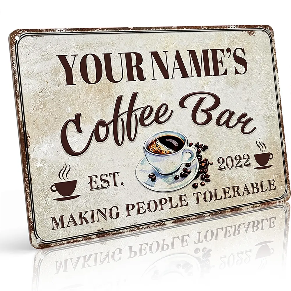 Personalized Custom Coffee Bar Tolerable People Metal Sign Indoor Kitchen Patio 12x8" Vintage Distressed Flat Waterproof Aluminum Wall Decor Coffee Lovers Viral Home Decor Must Have Holiday Gift