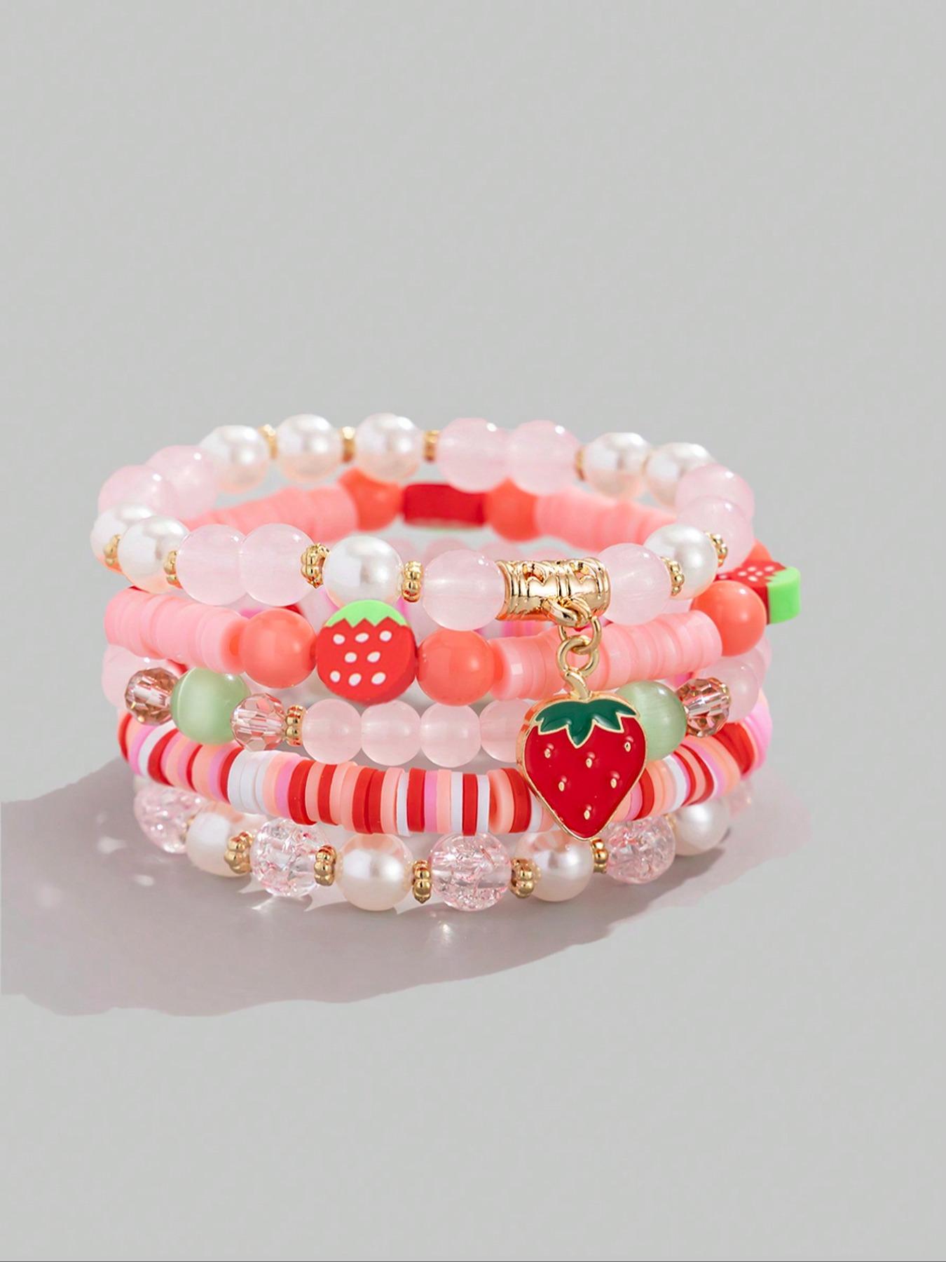 Women's Strawberry Pendant Crystal Beaded Bracelet Set, Cute Sweet Fashion Jewelry Gift for Women Daily Wear & Friends, Charm Bracelets