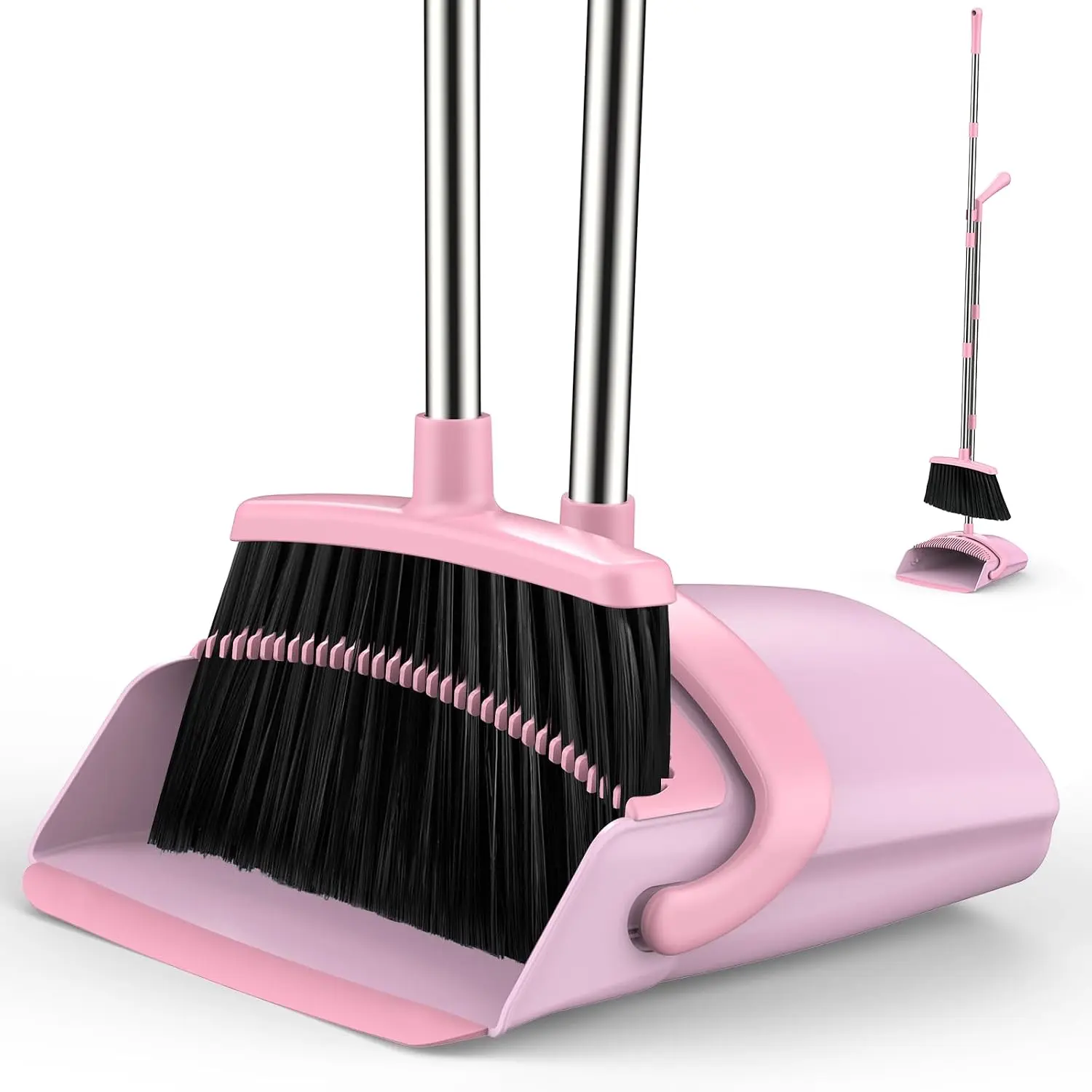 Broom and Dustpan Set for Home, 51-In Adjustable Long Handle Combo with Self-Cleaning Dustpan Teeth for Pet Hair, Kitchen, Office, Lobby and Floors