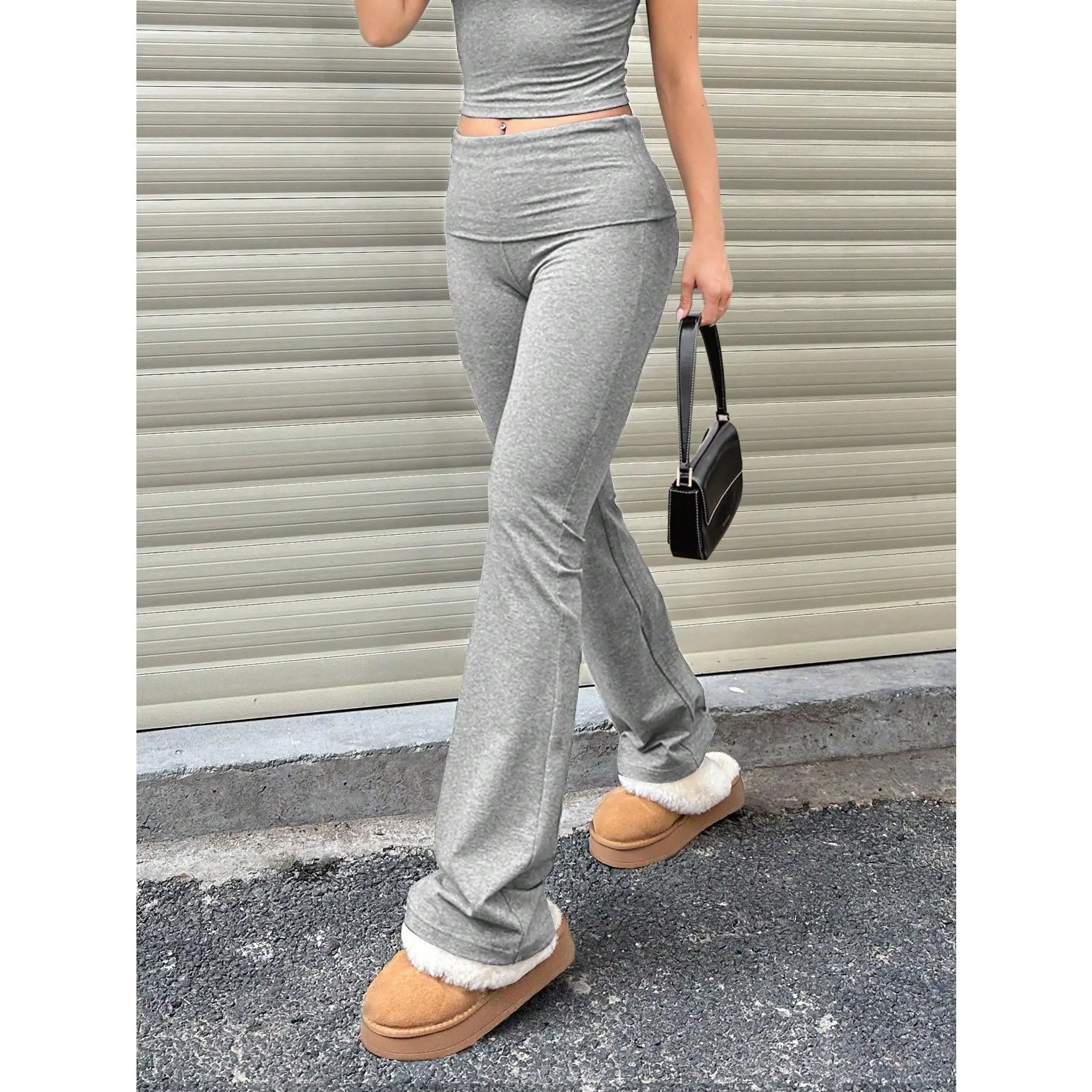 Women's High Waisted Flare Leggings, Light Gray Solid Stretch Bootcut Pants for Casual Lounge and Everyday Wear