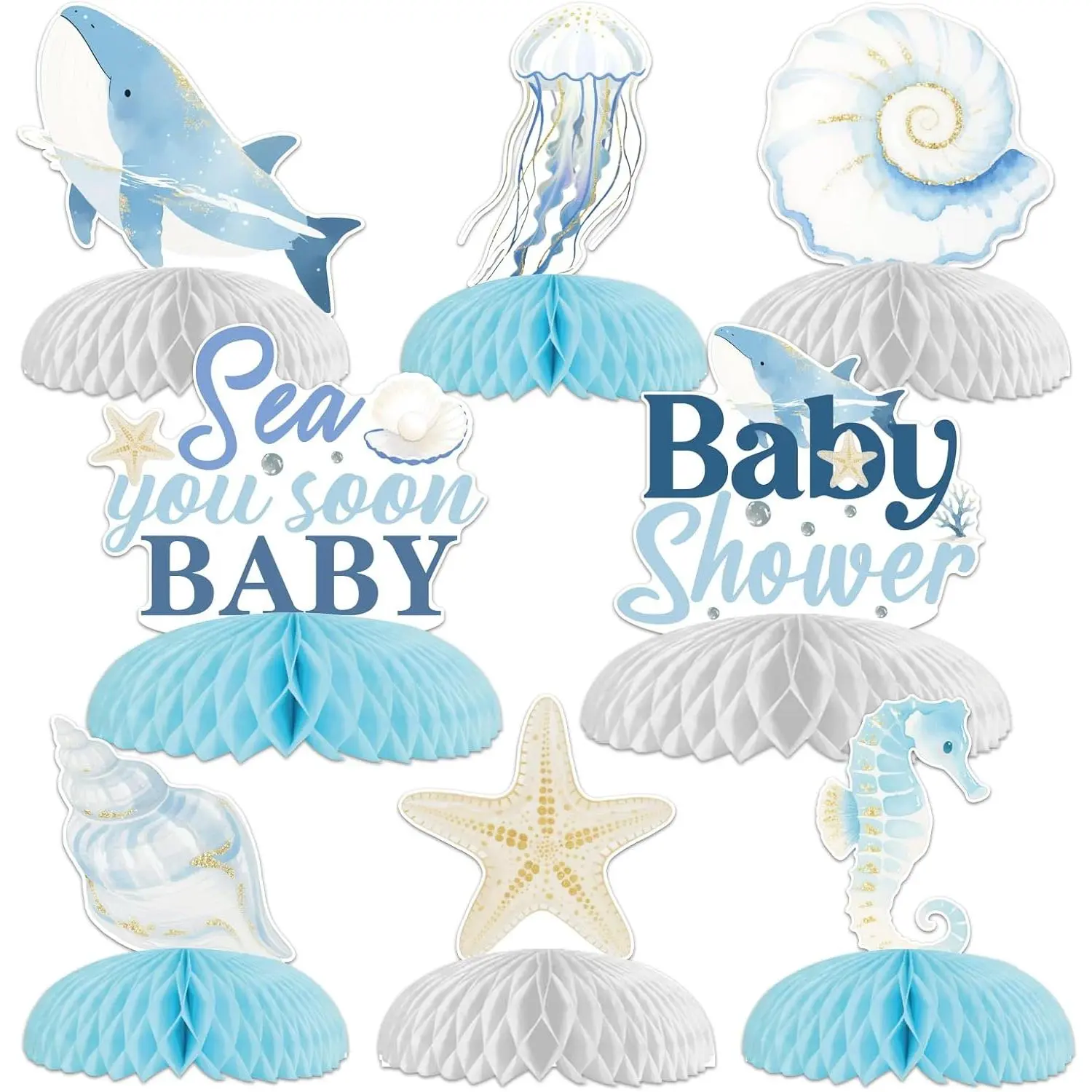 8Pcs Ocean Theme Metal Sticker Honeycomb Centerpieces - Whale, Seahorse, Starfish, Shell Table Toppers for Sea You Soon Under The Sea Baby Shower Decorations & Supplies