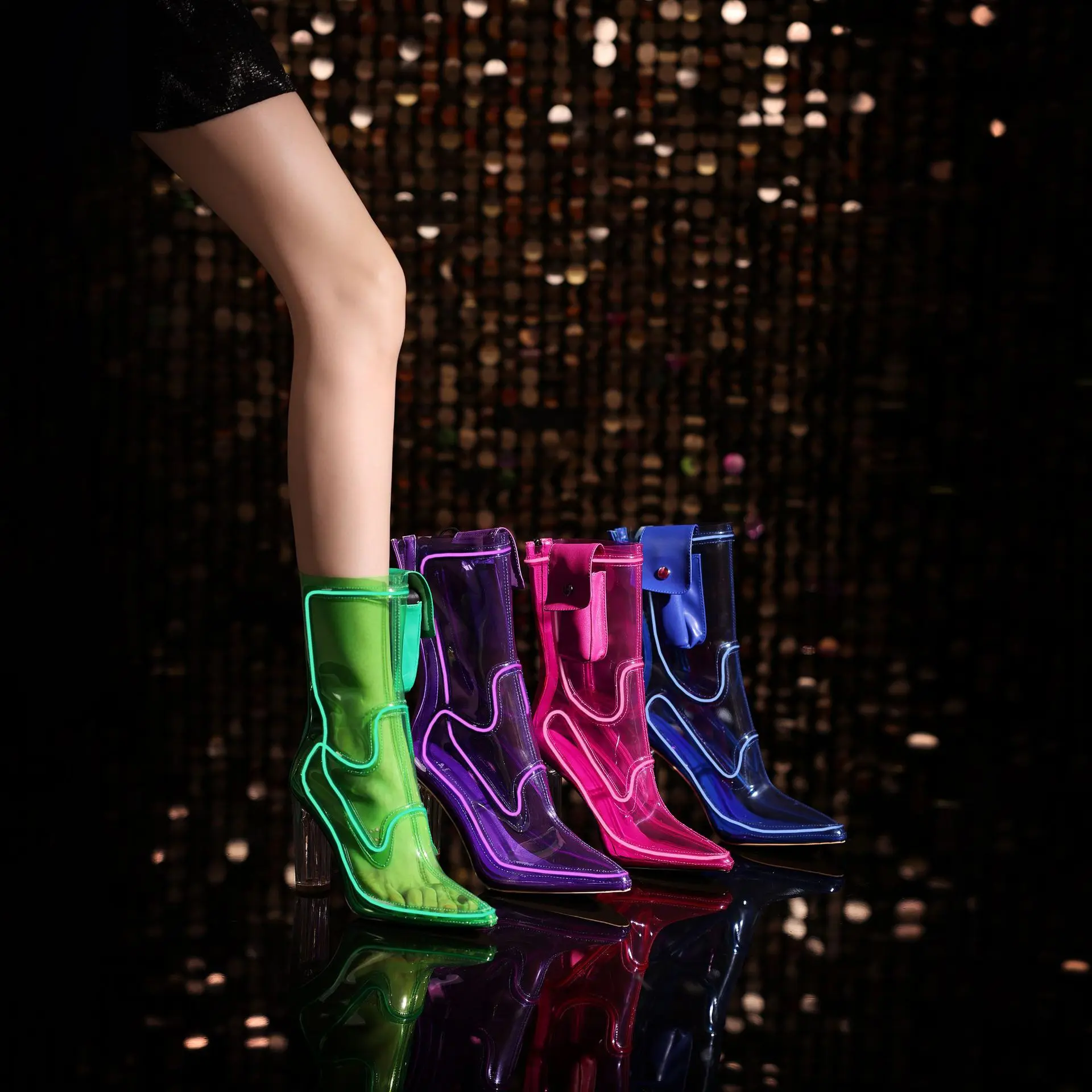 Clear Light-Up Pointed-Toe Chunky Heel Footwear, Glow Fashion Boots for Parties & Night Events