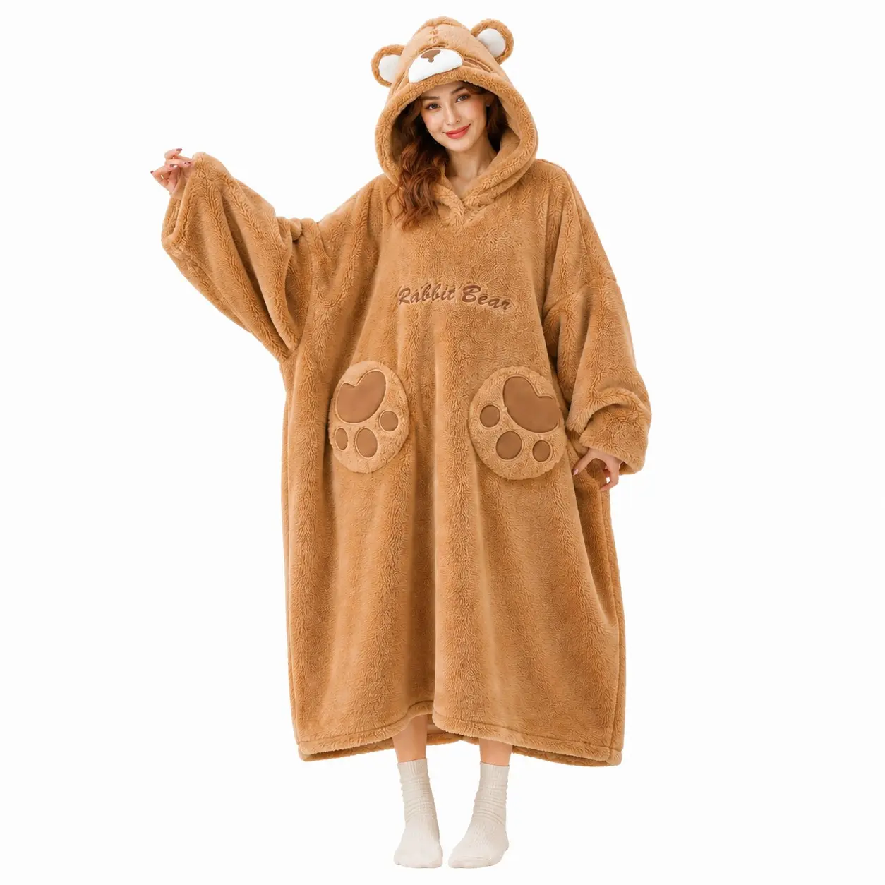 Cute Bear Hooded Wearable Blanket with Paw Pockets, Soft Sherpa Fleece, Cozy Warm Loungewear Sweatshirt for Women, Oversized Long Sleeper Hoodie