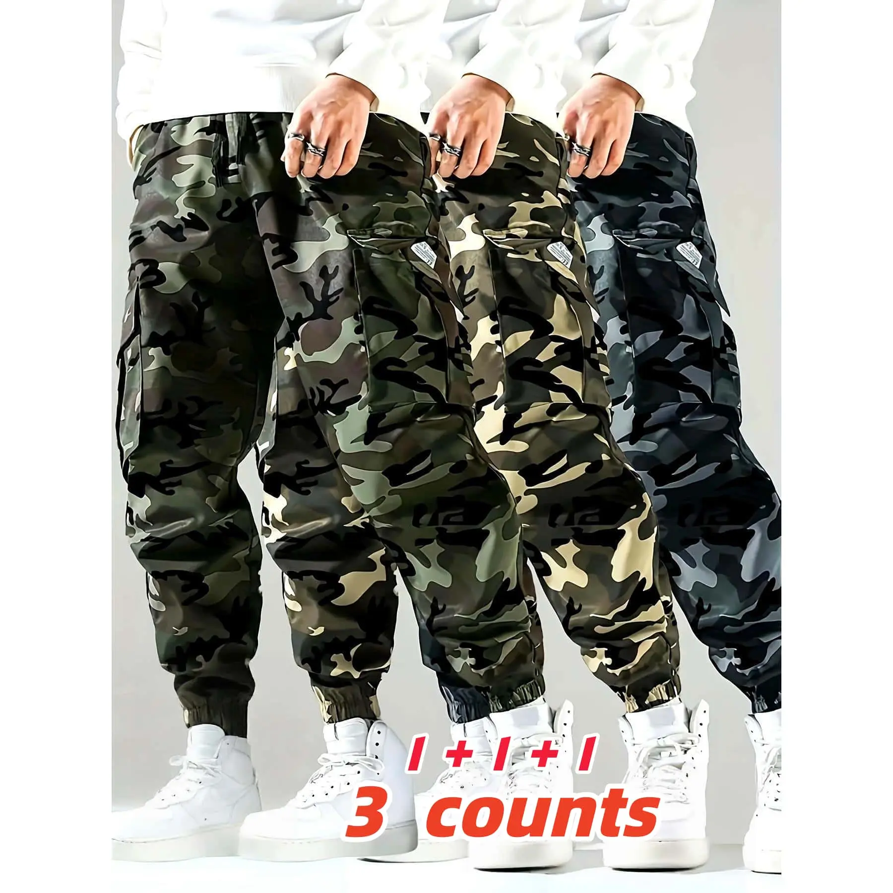 3-Pack Men’s Camo Cargo Pants – All-Season Lightweight Tactical Joggers with Elastic Waist, Multi-Pocket Utility Design & Breathable Outdoor Streetwear for Work, Travel & Daily Wear