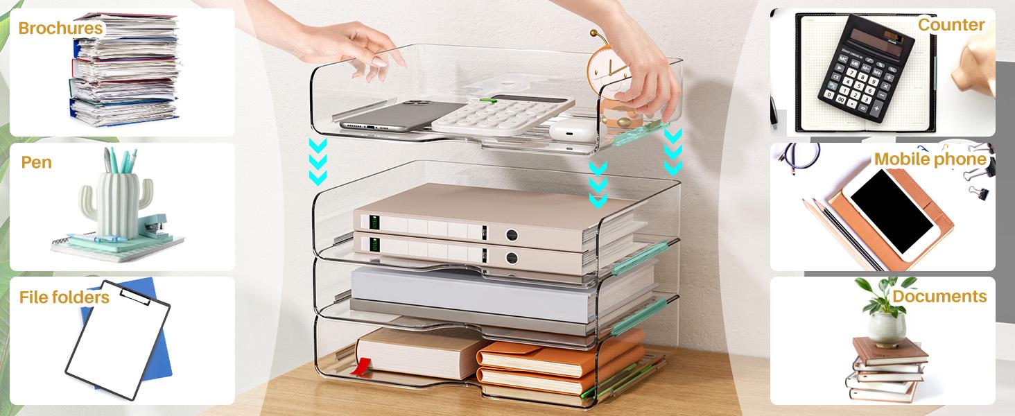 Paper Organizer Letter Tray, 4 Pack Acrylic Stackable Desk File Organizer for Files, Papers, iPads, Letters, A4 Office Files, Books, Notes, Etc