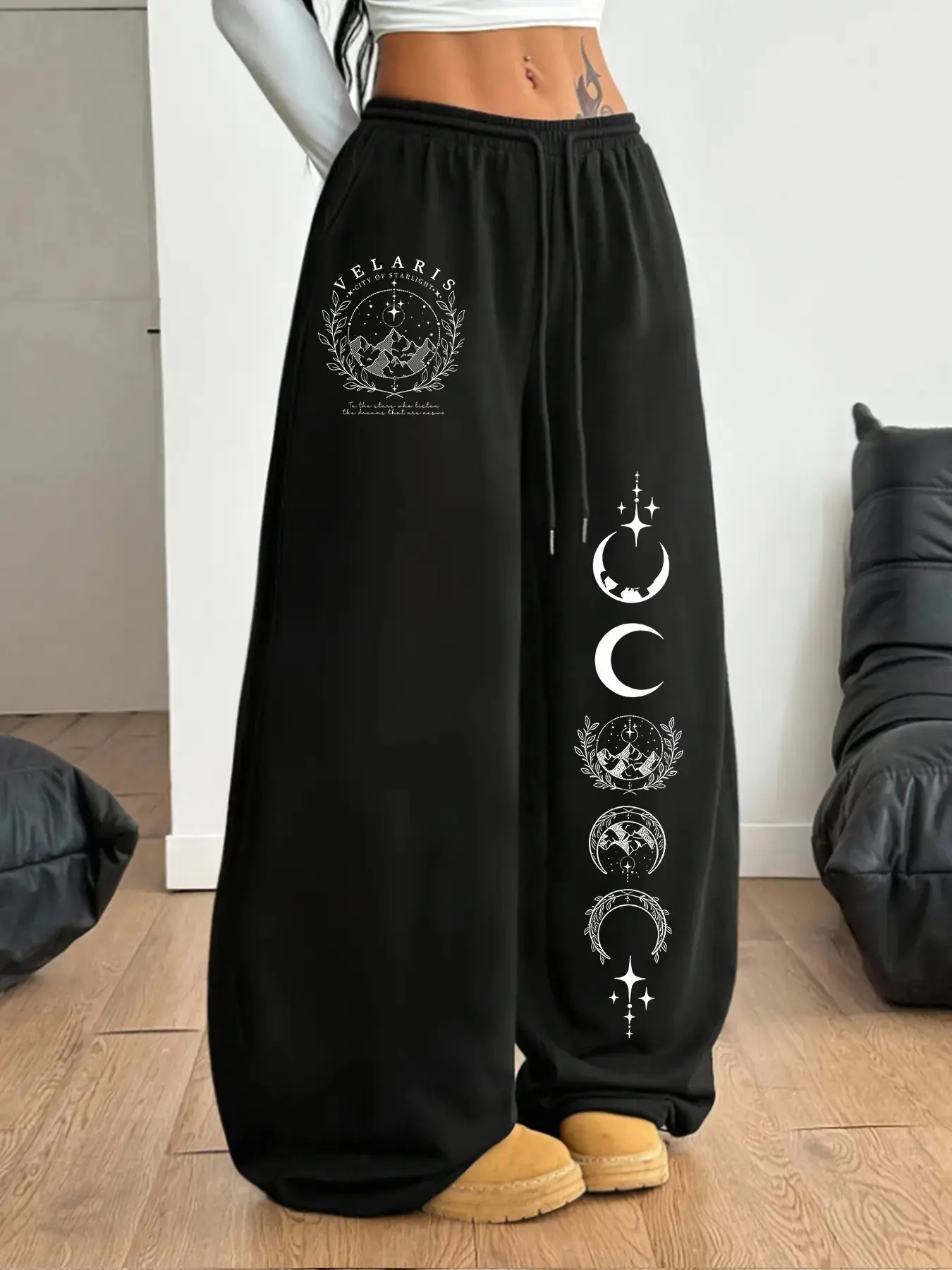 Women Velaris City Of Starlight Moon Phase Print High Waist Wide Leg Sweatpants, ACOTAR Fantasy Bookish Loose Drawstring Streetwear Pants, Cozy Oversized Gothic Celestial Pattern Casual Trousers For Book Lovers, Casual Comfy Baggy, Casual Fashion Loose