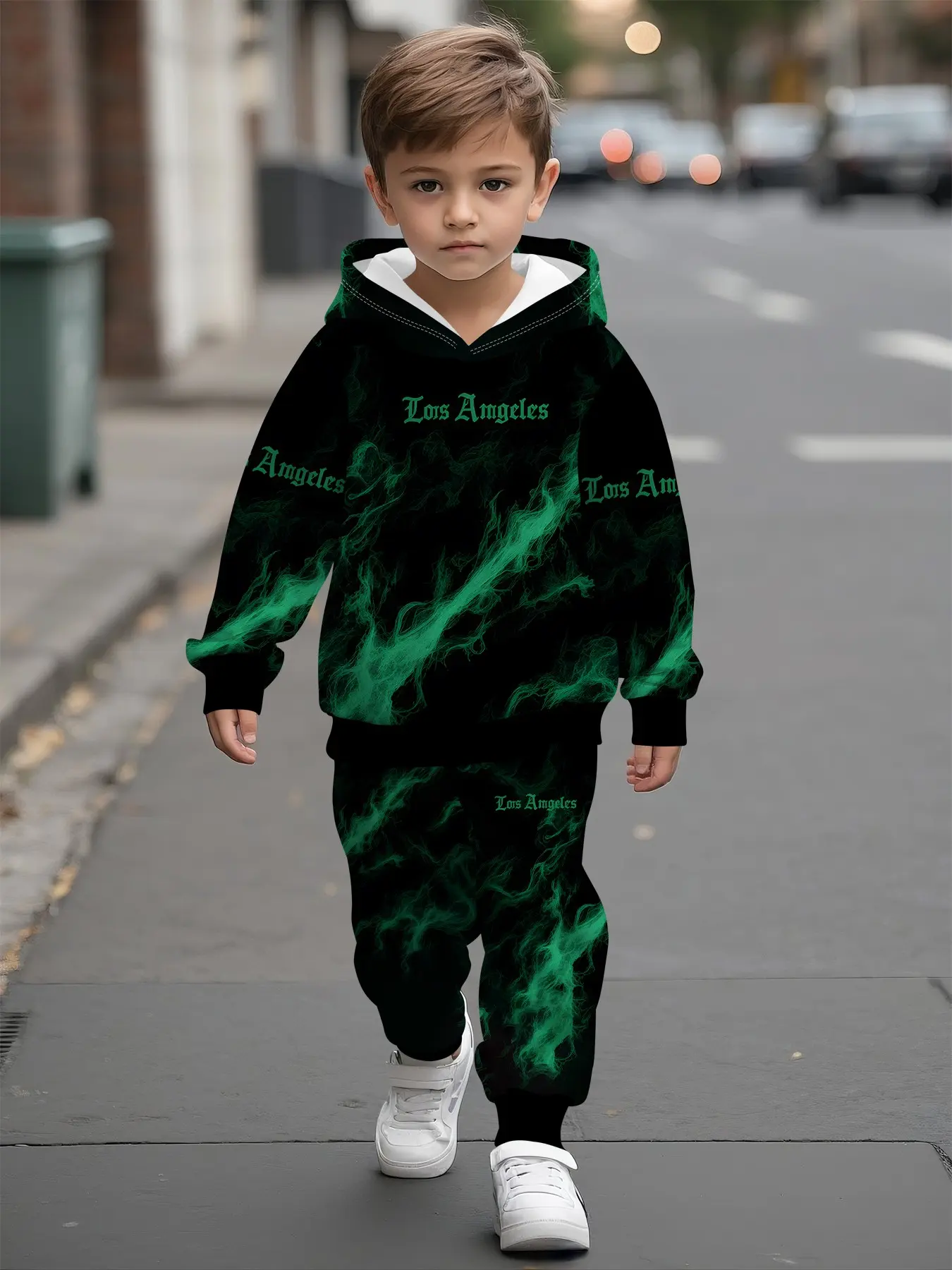 Boys' 2-Piece Hooded Sweatshirt Set, Base Smoke La Letter, Casual Comfort, Perfect for Daily Outings, Trendy Gift for Boys