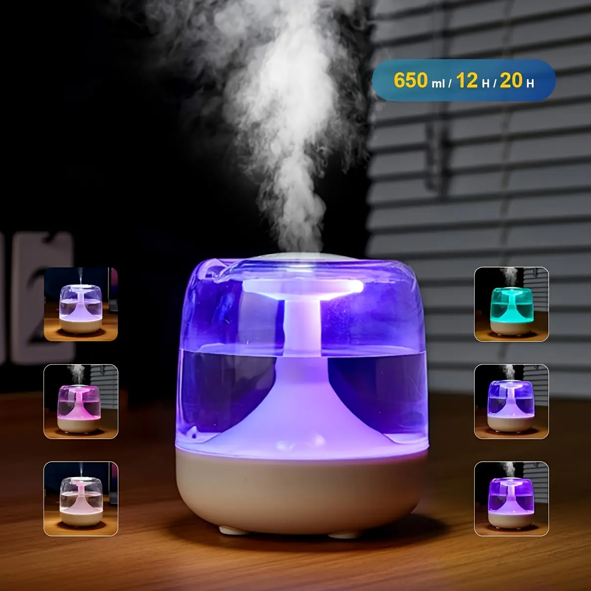 Silent USB Powered Humidifier with 7 Color Changing Night Lights, Double Mist Output & Visible Water Level Design, 26dB Low Noise Supports Up to 24-Hour Continuous Operation, Portable Home Humidifier for Living Room, Bedroom and Office, Ideal Birthday & C