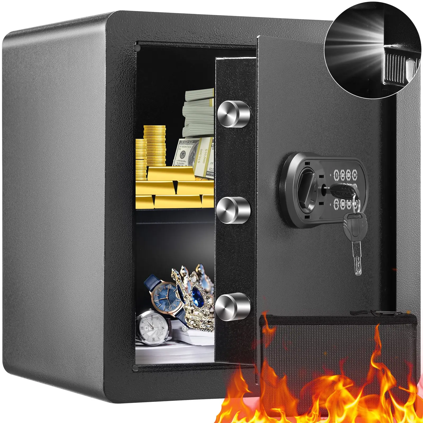 【DealsForYouDays】VEVOR Safe, 1.8 Cubic Feet Home Safe, Steel Security Safe with Digital Keypad and 2 Keys, Cabinet Safe with Fire-proof Bag, Protect Cash, Gold, Jewelry, Documents for Home, Hotel, 15.8x13x16.9 inches