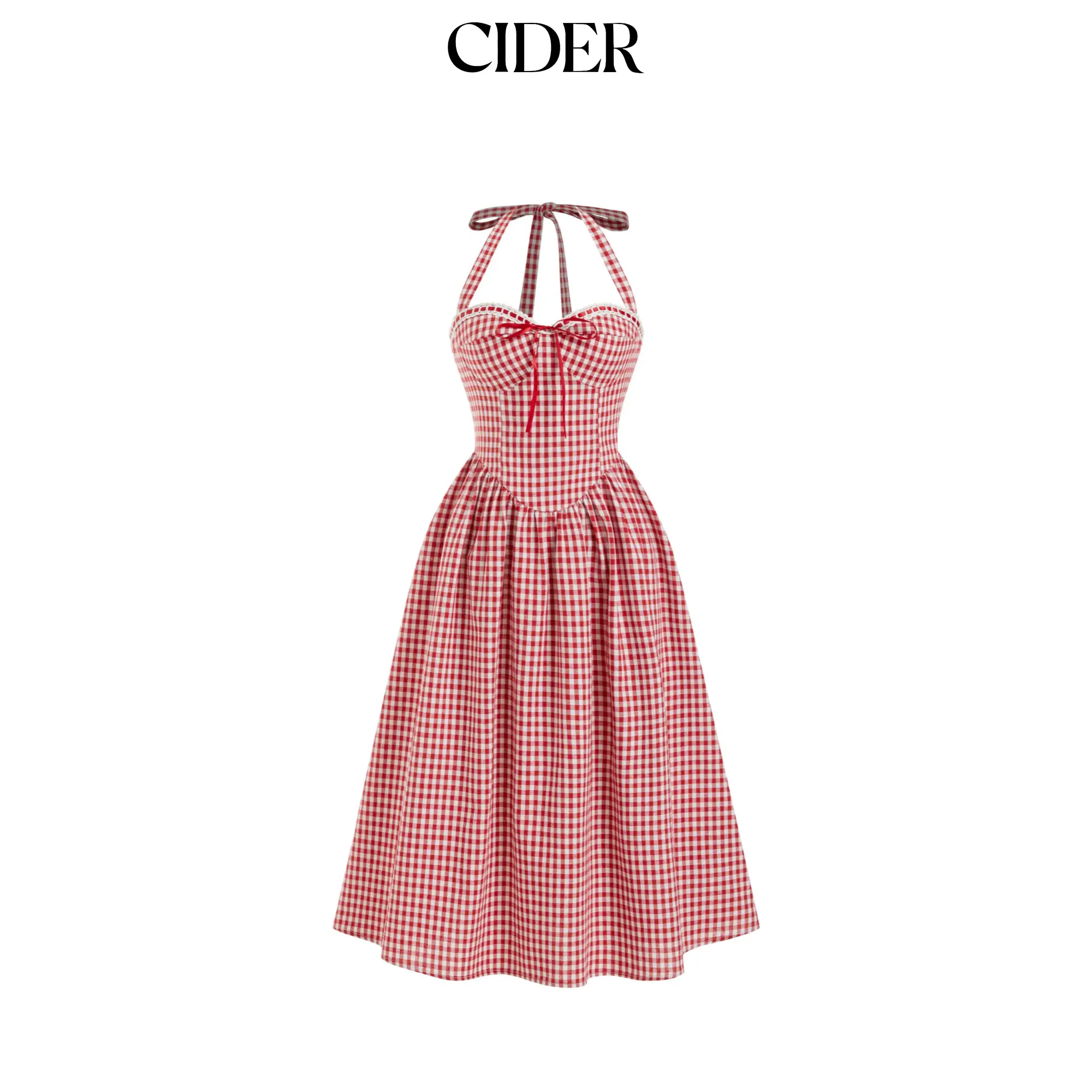 Cider Cotton-blend Gingham Halter Neckline Shirred A-line Maxi Dress