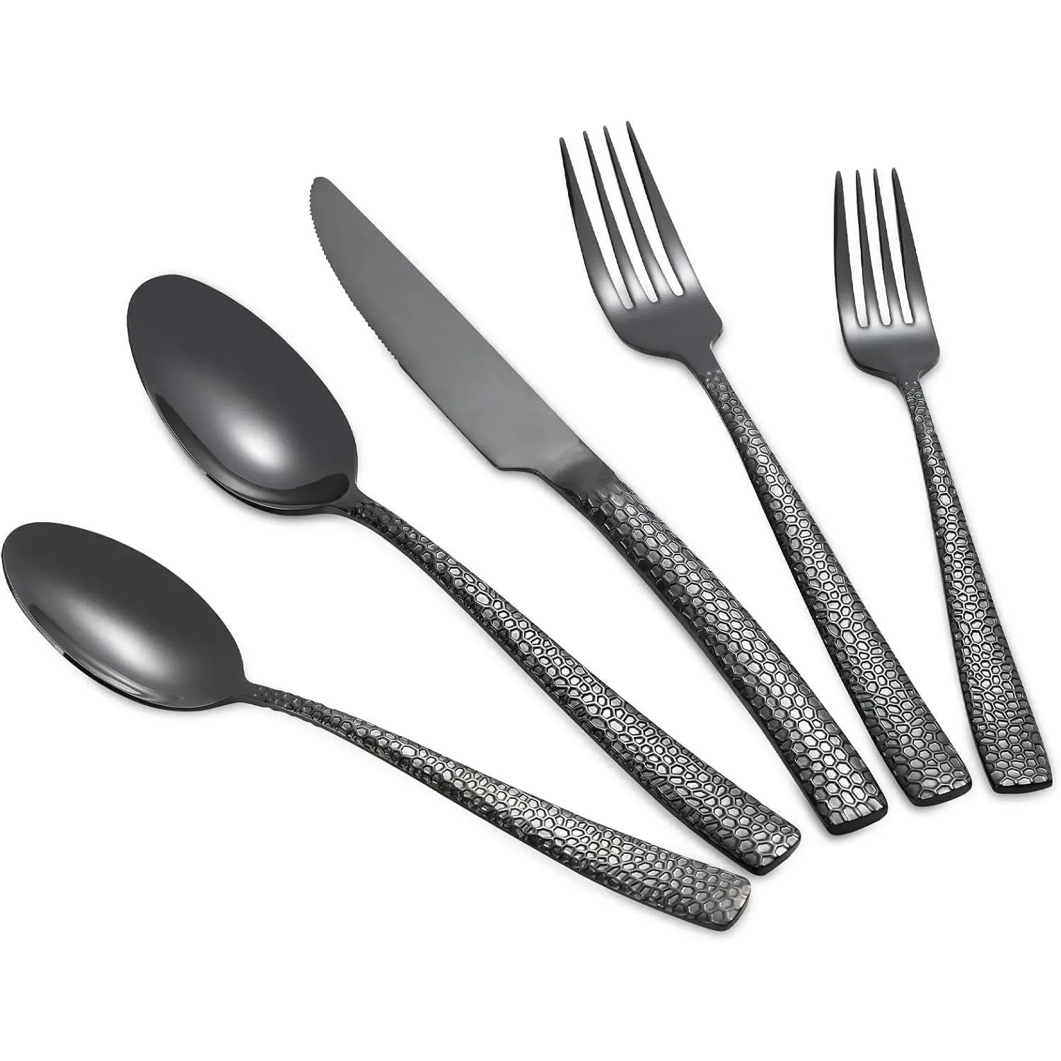 20- Black Silverware Set, Heavy Duty Hammered 18/10 Stainless Steel Flatware for 4, -Grade Cutlery Including Fork  Spoon, Dishwasher Safe Tableware