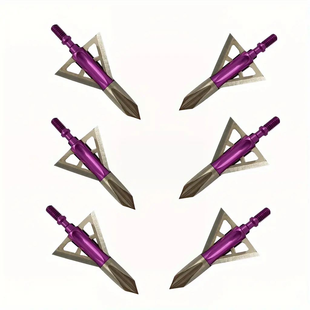 Broadheads Archery Mechanical Broadheads 100 Grain Fixed 3Blades, Purple Ferrule, for Big Hunting Games, Screw-in Install, Pack of 6