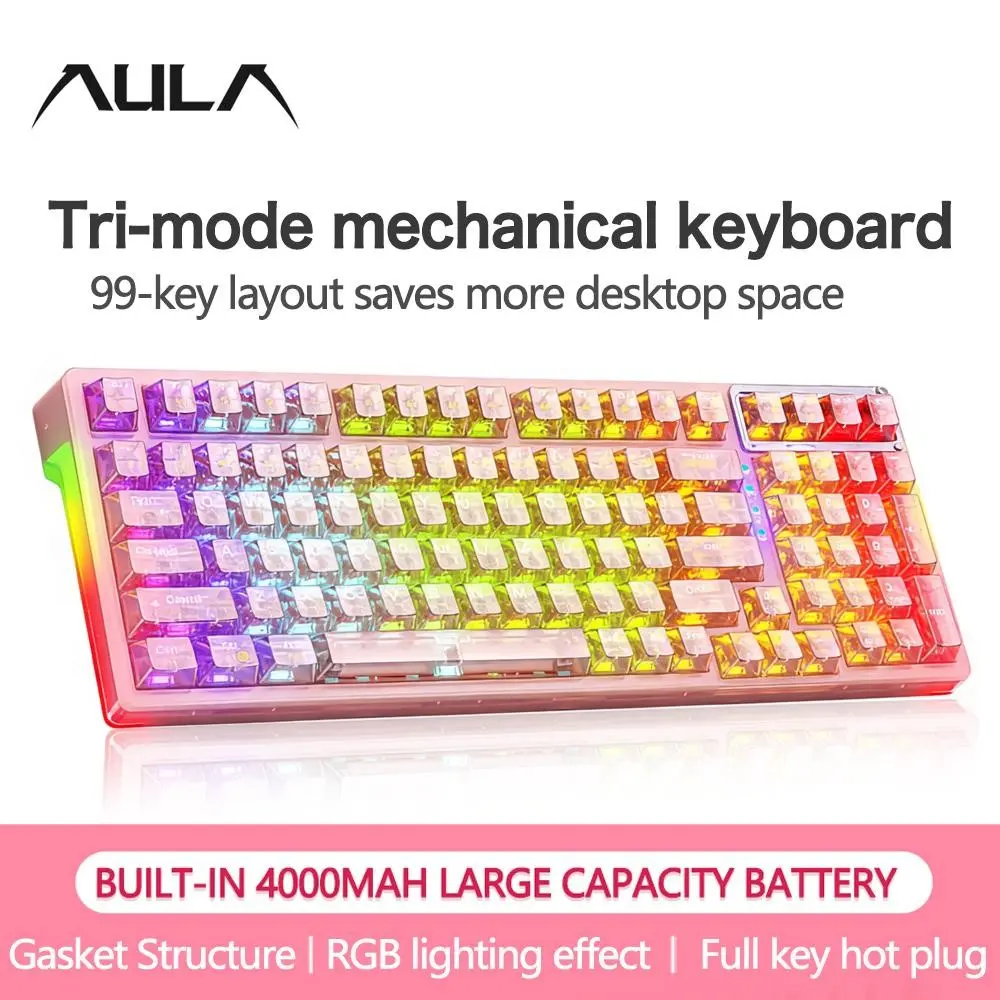 AULA F98 three-mode mechanical keyboard, Hot Swappable Keyboards, with 98 keys, supports wired/wireless connection, all keys hot-swappable, RGB lighting, 6000mAh battery capacity, Windows/Mac/iOS compatible, for e-sports and daily office