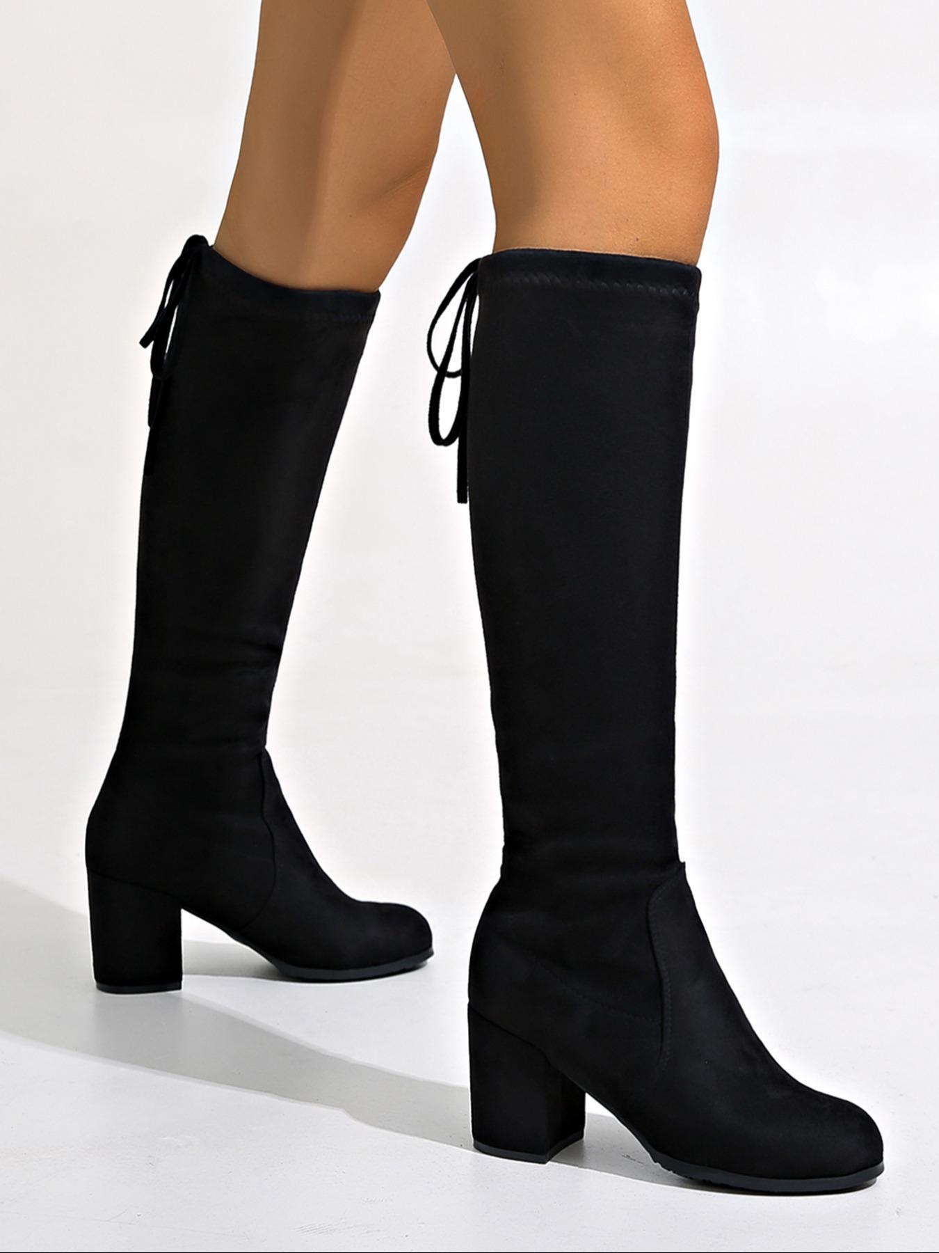 Women's Solid Color Lace Up Back Knee Boots, Fashionable Pointed Toe Boots for Fall & Winter, Female All-match Trendy Shoes for Daily Wear, Valentine's Day Gifts