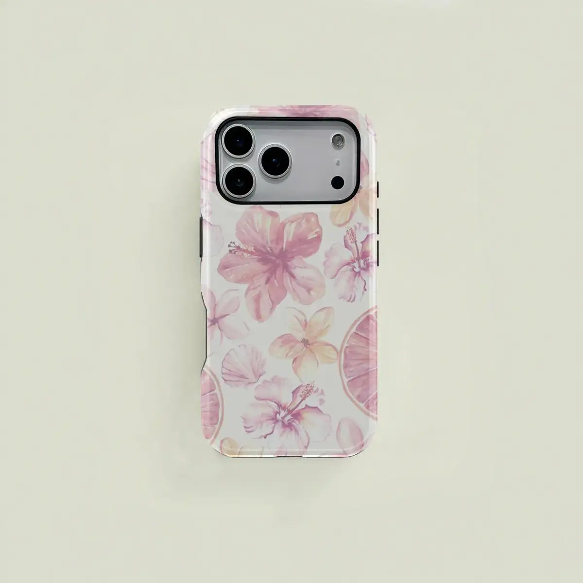 Pink and White Watercolor Floral, Seashell, and Citrus Pattern Phone Case, Durable 2-in-1 Protective Cover, Not Compatible with MagSafe, for iPhone 17-11 and Samsung Galaxy S25-S23 Ultra