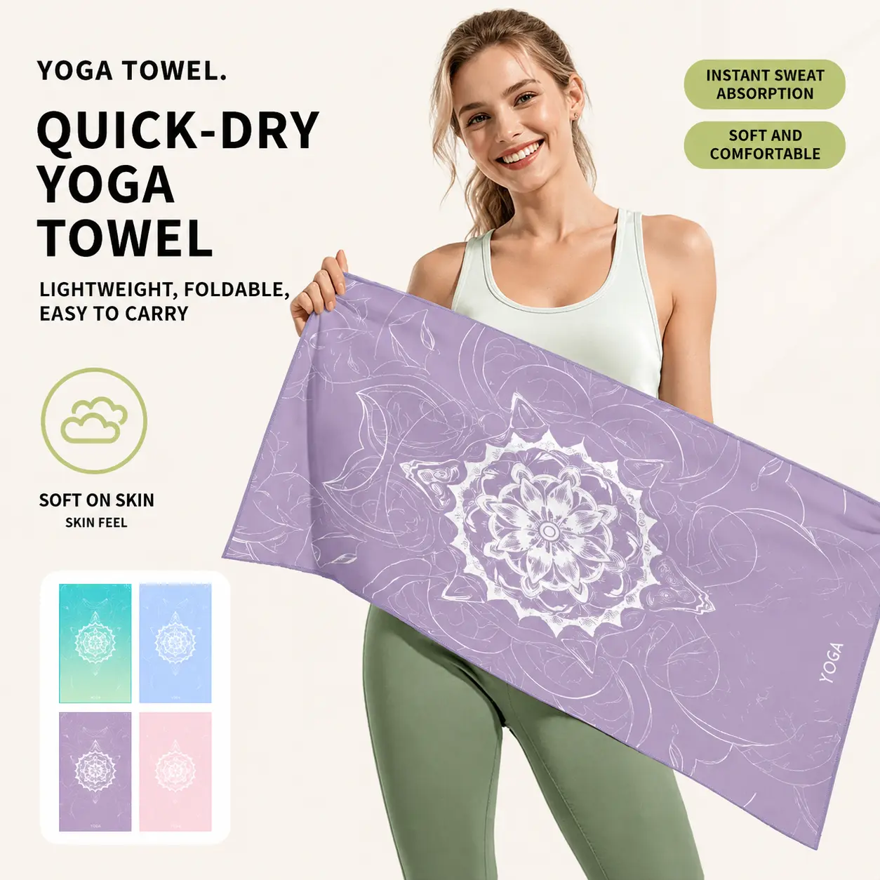 Premium Non-Slip Microfiber Yoga Towel for Mats - Ultra-Absorbent, Quick-Dry, Lightweight, Portable Fitness Towel with Enhanced Grip, Odor-Resistant Fabric for Hot Yoga, Pilates