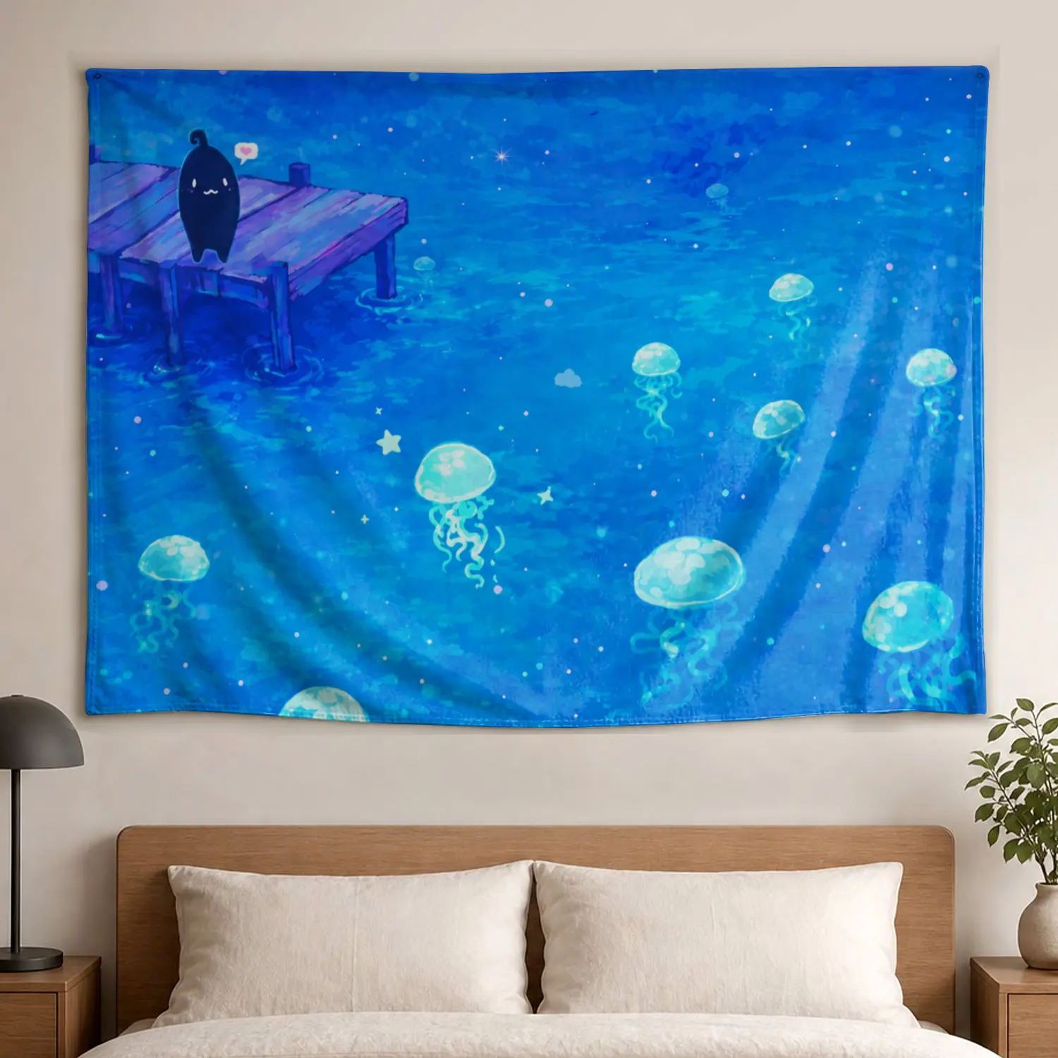 Large Horizontal Blue Jellyfish Night Ocean Pier Polyester Wall Tapestry - Multi-Size Colorfast Wall Decor, Whimsical Home Decor for Bedroom Decoration, No-Installation Indoor-Outdoor Room Decorations Gift Idea
