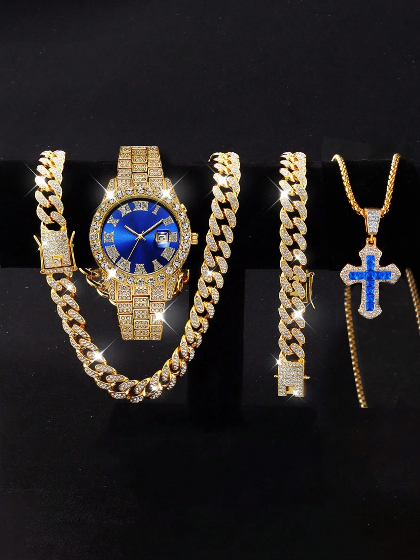 Men's Luxury Rhinestone Decorated Quartz Watch & Jewelry Set, Including Round Dial Watch & Bracelet & Necklace, Fashion Watch Set for Party, Daily Decor Men's Luxury Rhinestone Decorated Quartz Watch & Jewelry Set, Including Round Dial Watch & Bracelet & Necklace, Fashion Watch Set for Party, Daily Decor