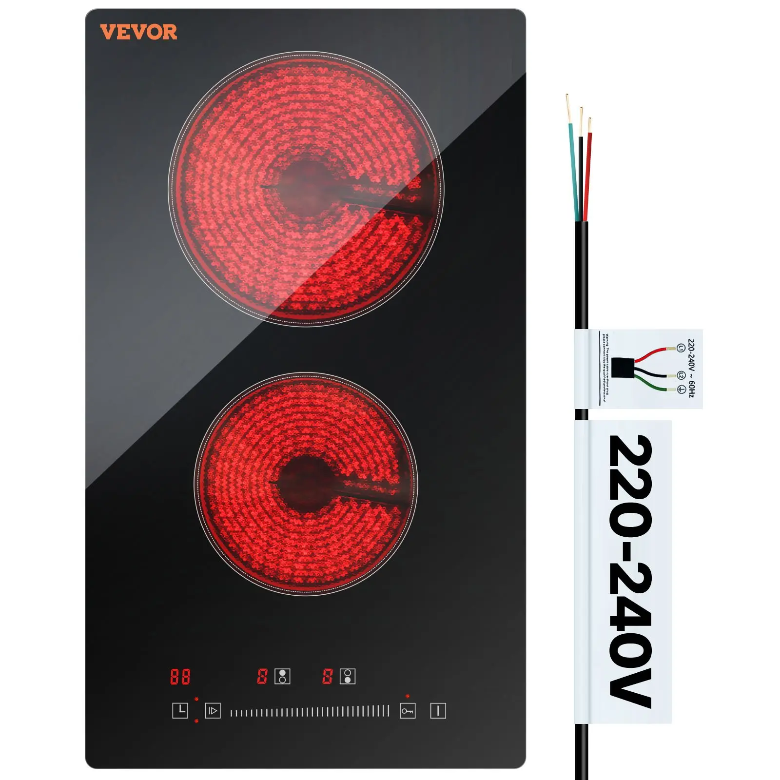 VEVOR Built-In Electric Glass Top Stove, 20x11.6 in 2-Burner 240V Radiant Cooktop with Sensor Touch Temperature Control, Timer, Child Lock, 9 Power Levels for Simmer Fry, Radiant Coils