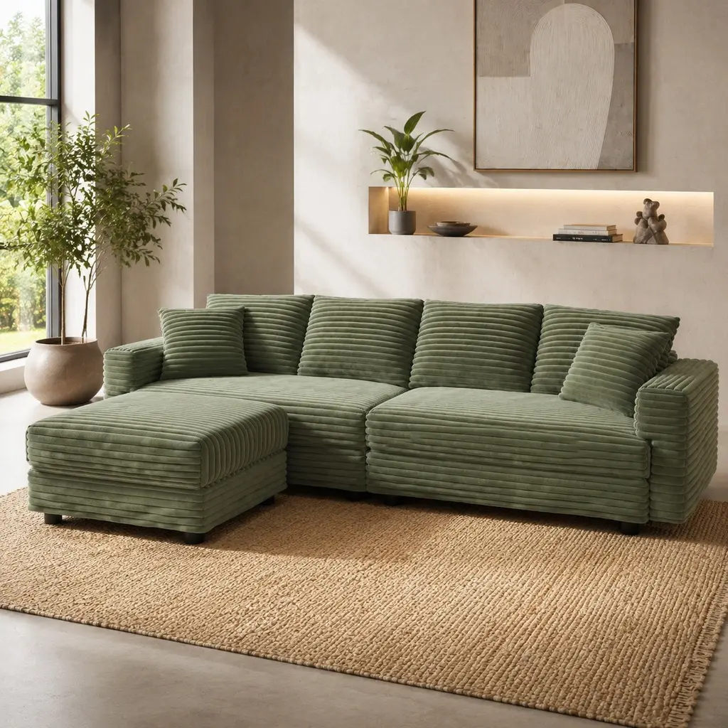 ARCH Green Plush Corduroy 4-Seat Sturdy Solid Wood Modular Sectional Convertible Sofa Bed - 102.40in x 59.00in x 25.60in, Deep-Seat, With Cushion Sponge Padding, Soft Pillows, Movable Ottoman, Any Season Indoor Living Room Upholstered Couch