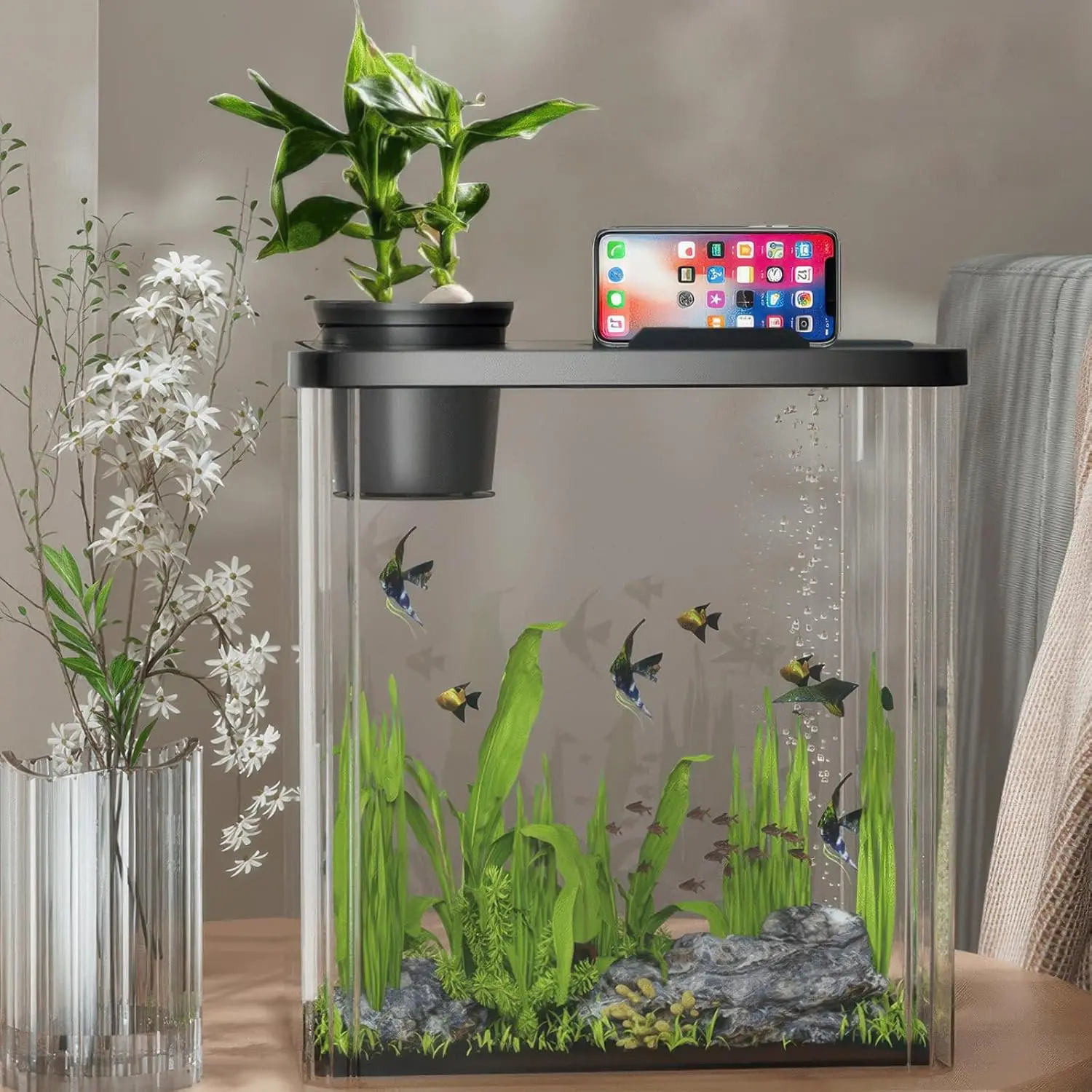 Gaomon 2.5 Gallon Small Fish Tank, 7Pcs Betta Fish Tank kit with LED Light, Air Pump, Lid, Fish Tank Starter Kits Beta Fish, Goldfish, Shrimp
