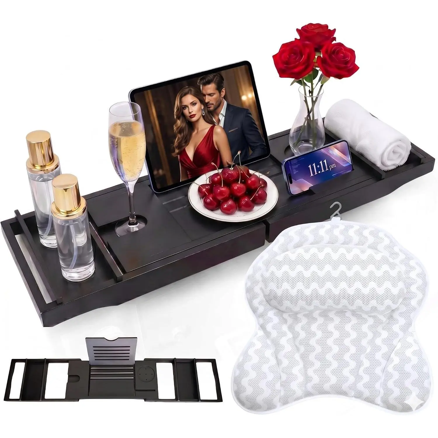 Luxury Foldable Bamboo Bathtub Tray Caddy, Expandable 29" to 42.5", Premium Tub Organizer with Ergonomic Pillow