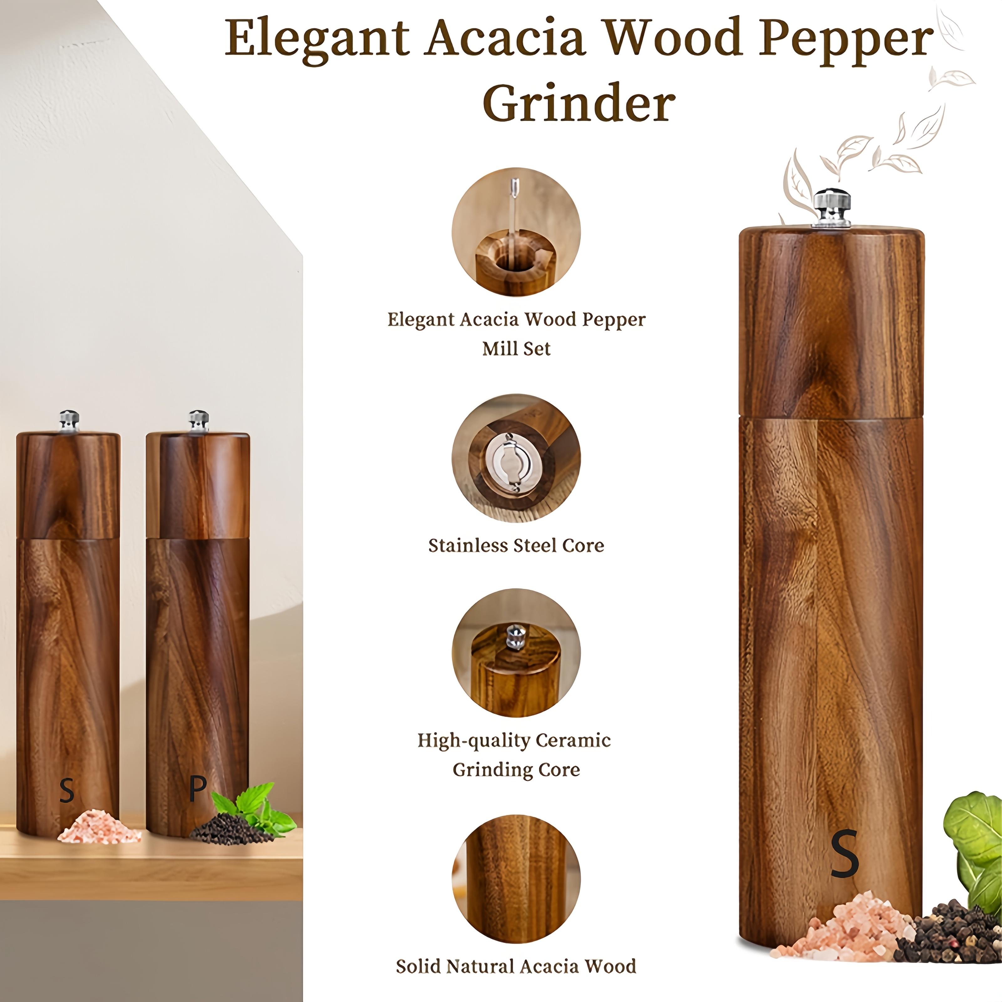2/3pcs(2Grinder +base) Wooden Salt Pepper Grinder Set 8-Inch, Refillable Salt Pepper Mills Adjustable Coarseness, Acacia Wood Ceramic Core Manual Pepper Grinder, Kitchen Decor Dining ware Ideal Gift for Chefs, Perfect for Family BBQ Picnic Camping
