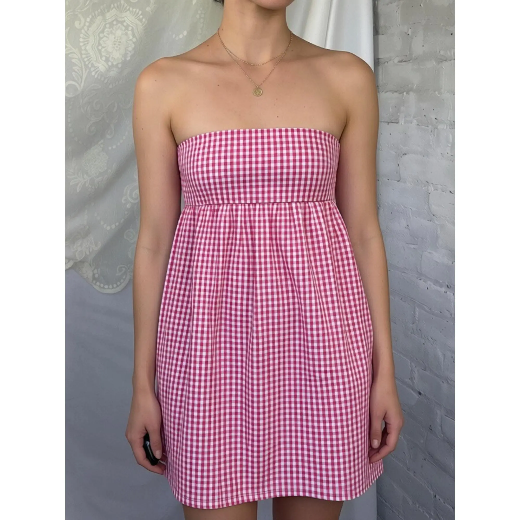 Summer Bandeau Dress y2k Women Off Shoulder Strapless Plaid Tube Top Mini Dress with 2 Pockets