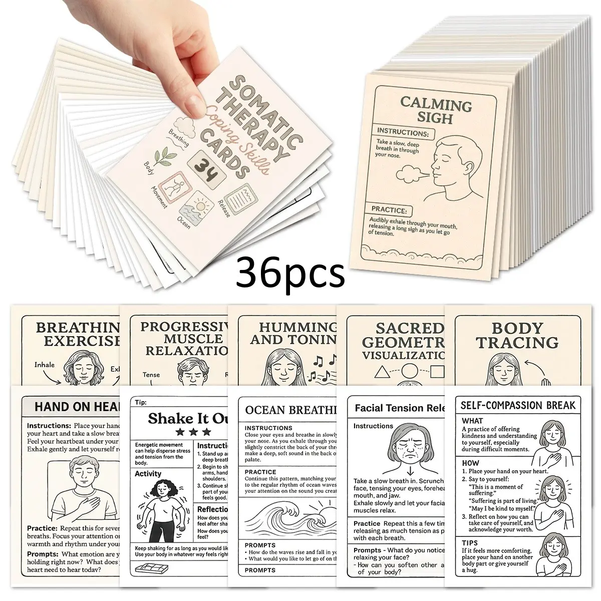 36pcs Somatic Exercises Relax Cards, Somatic Therapy Coping Skills Cards for Trauma Healing, Relax & Mindfulness Practices, Self-Care Cards for Relieving Stress and Social Anxiety, Vertical Cards