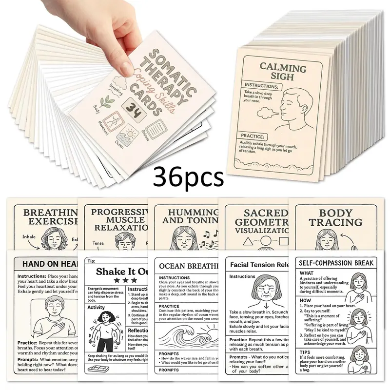 36pcs Somatic Exercises Relax Cards, Somatic Therapy Coping Skills Cards for Trauma Healing, Relax & Mindfulness Practices, Self-Care Cards for Relieving Stress and Social Anxiety, Vertical Cards