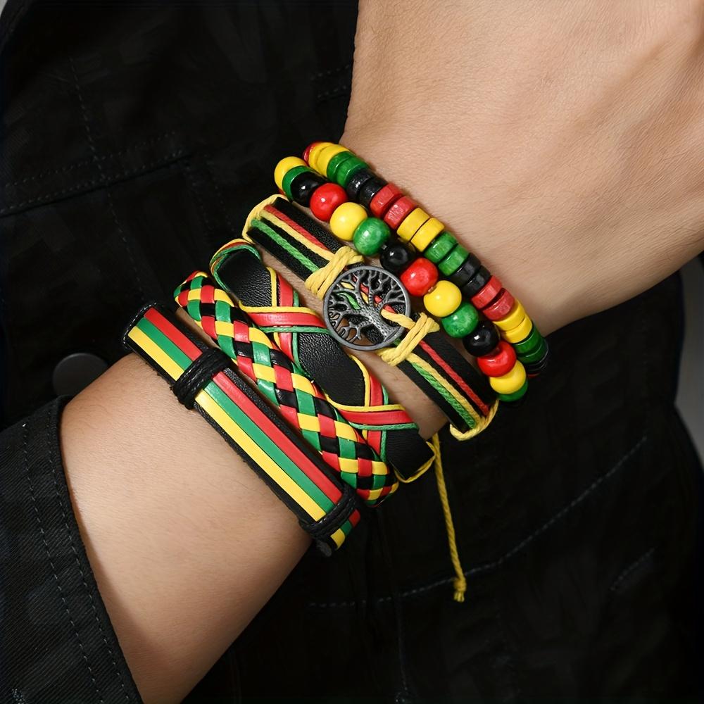 6Pcs Juneteenth Bracelets Set Handmade Retro Geometric Pattern Faux Leather Wristbands Colorful Multi-Layered Bohemian Synthetic Stone Adjustable Jamaican Style Bracelets Stackable Bangle
