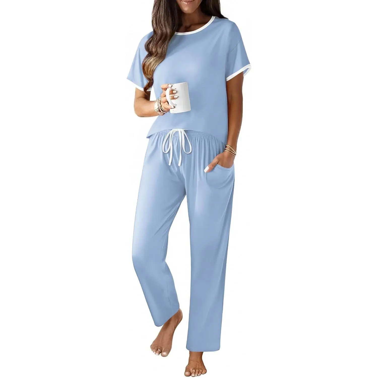 Women's 100% Cotton Pajama Set - Short Sleeve Top with Long Pants, 2-Piece Lounge Set with Pocket(Gift)