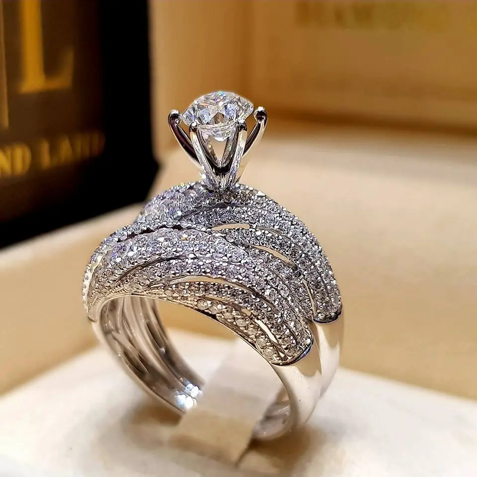Women's Vintage Boho Double-Layered Moissanite & Crystal Full-Stone Engagement Ring - Sterling Silver-Plated Alloy Round Band, Sparkling Look Costume Jewelry Gift for Anniversary (New Arrival S Series), Engagement Rings