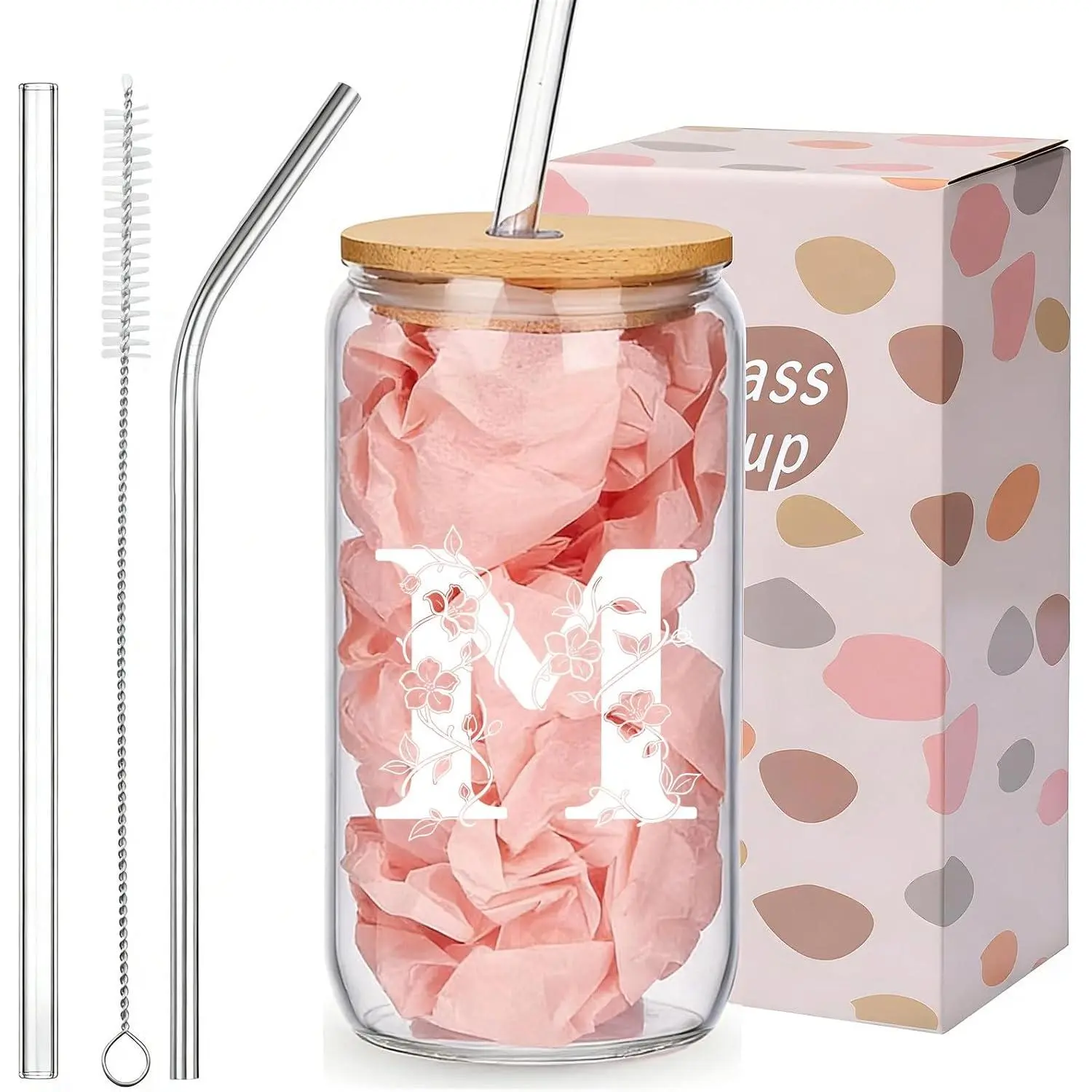 Women's Personalized Monogrammed Stainless Steel Beverage Glass Set - Printed Initial Design, Iced Coffee Glass Mug with Lid and Straw, Custom Letter Drinkware for Graduation, Bridesmaids Birthday Gifts, Glass Mug With Lid And Straw Glasses