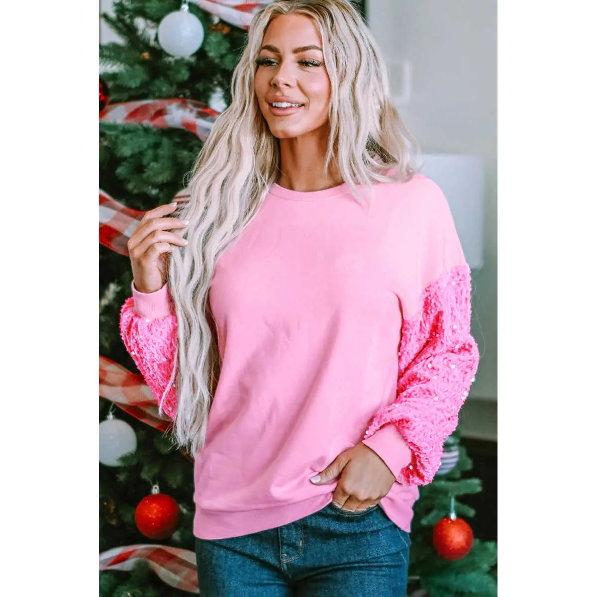 Women's Pink Sequin Patchwork Long Sleeve Pullover Top, Long Sleeve Tops for Women, Long Sleeve Tops Women