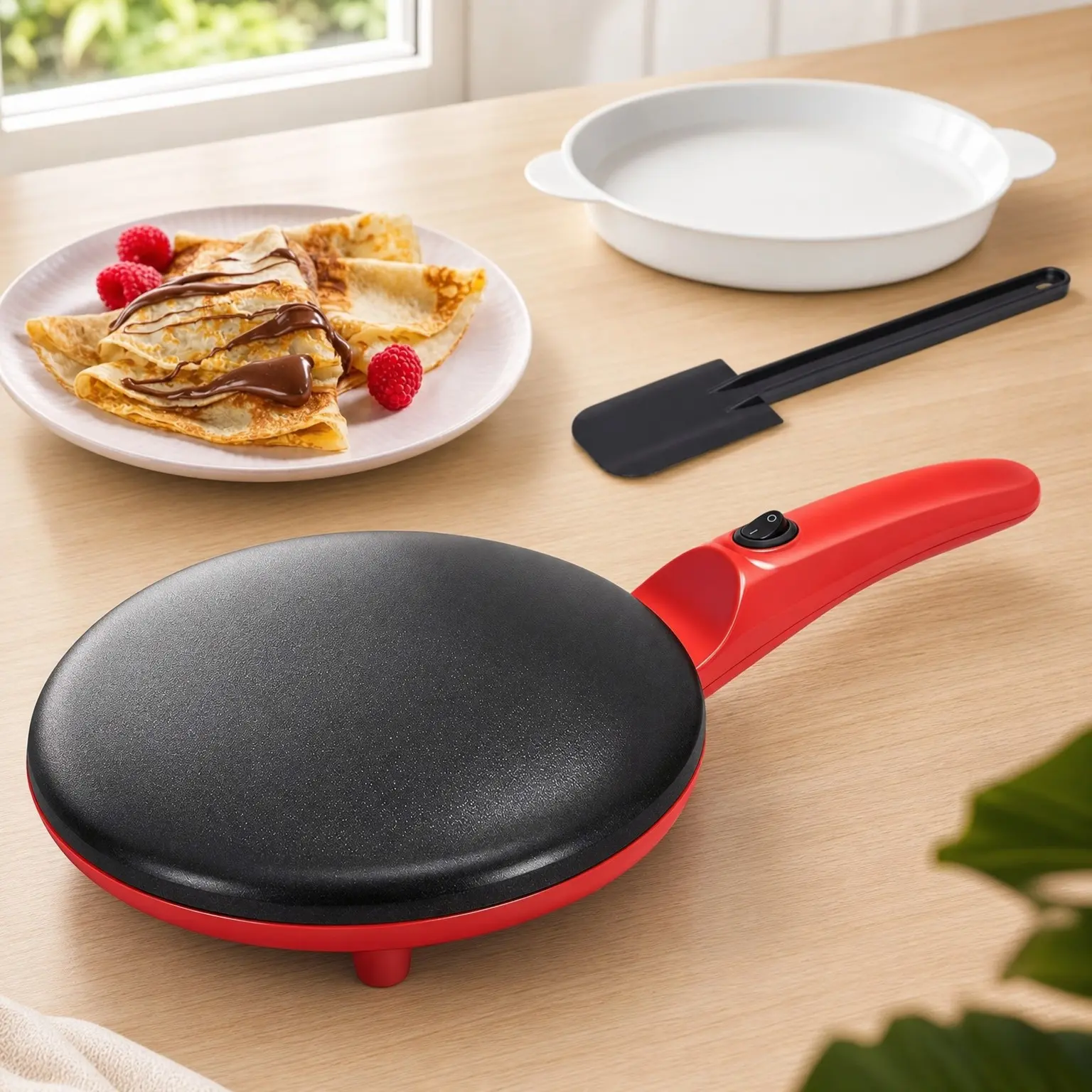 8-Inch Electric Crepe Maker with Nonstick Pan, Batter Spreader & Dipping Tray, 800W Fast Heating, Auto Temperature Control, PFOA & BPA Free, Easy Clean, RedGift