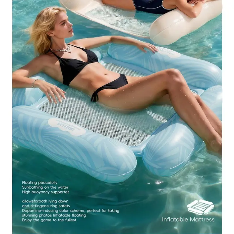 Lightweight Inflatable Water Float with Mesh Seat – 4 Independent Air Chambers Pool Lounger, Foldable Portable Swimming Mattress, Thickened Wear-Resistant PVC Floating Bed for Summer Pool & Beach Relaxation, USA Summer Vibe
