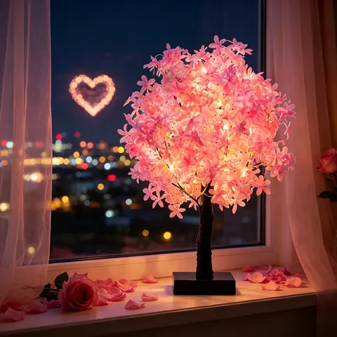 20in Plastic Cherry Blossom Design USB-Powered Tree Night Light - 3AA Battery Operated LED Lamp, Unique Decor, Bedroom Lighting, Valentine's Day Gift