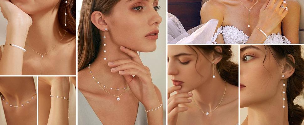 FUNRUN Dainty Wedding Pearl Jewelry Set for Women 14K Gold Plated Adjustable Choker Necklace Bracelet Earrings Wedding Necklace Christmas Day Gift
