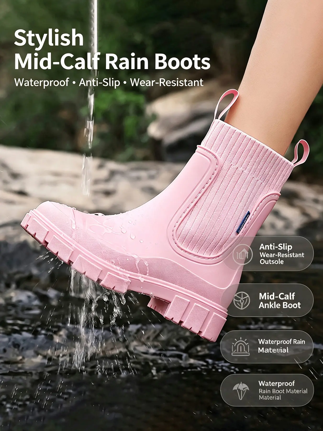 2026 New Women's Mid-Calf Fashionable Rain Boots, Thick Sole Elastic Knit Waterproof Shoes, Anti-Slip Height-Increasing Rain Boots, Sizes 36-43