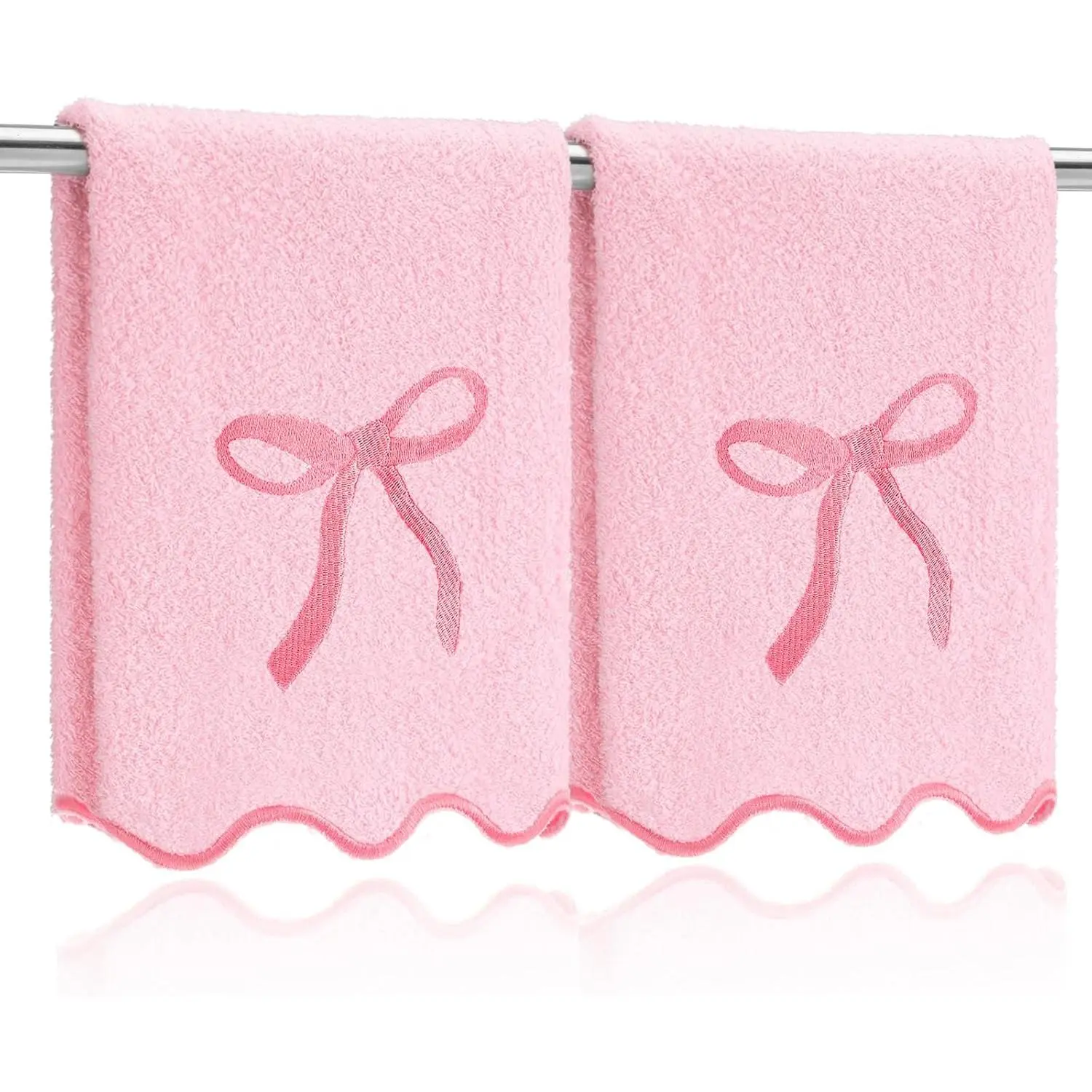 2 count Fingertip Towels for Bathroom 12 x 18 Inch Small Fingertip Towels with Scalloped  Bow Design Embroidery  Bow   Soft Absorbent Guest and Housewarming