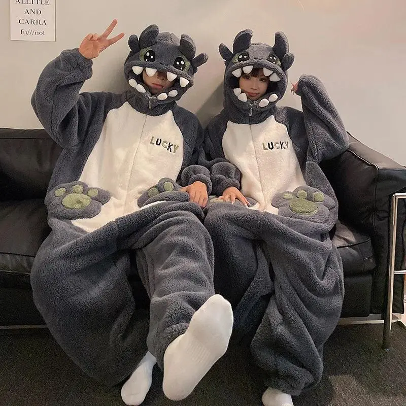 Adult Couple's Cartoon Plush Jumpsuit Pajamas - Christmas Winter Thick Long Sleeve Cosplay Outfits, Matching BF-GF Casual Homewear Set for Festive Parties