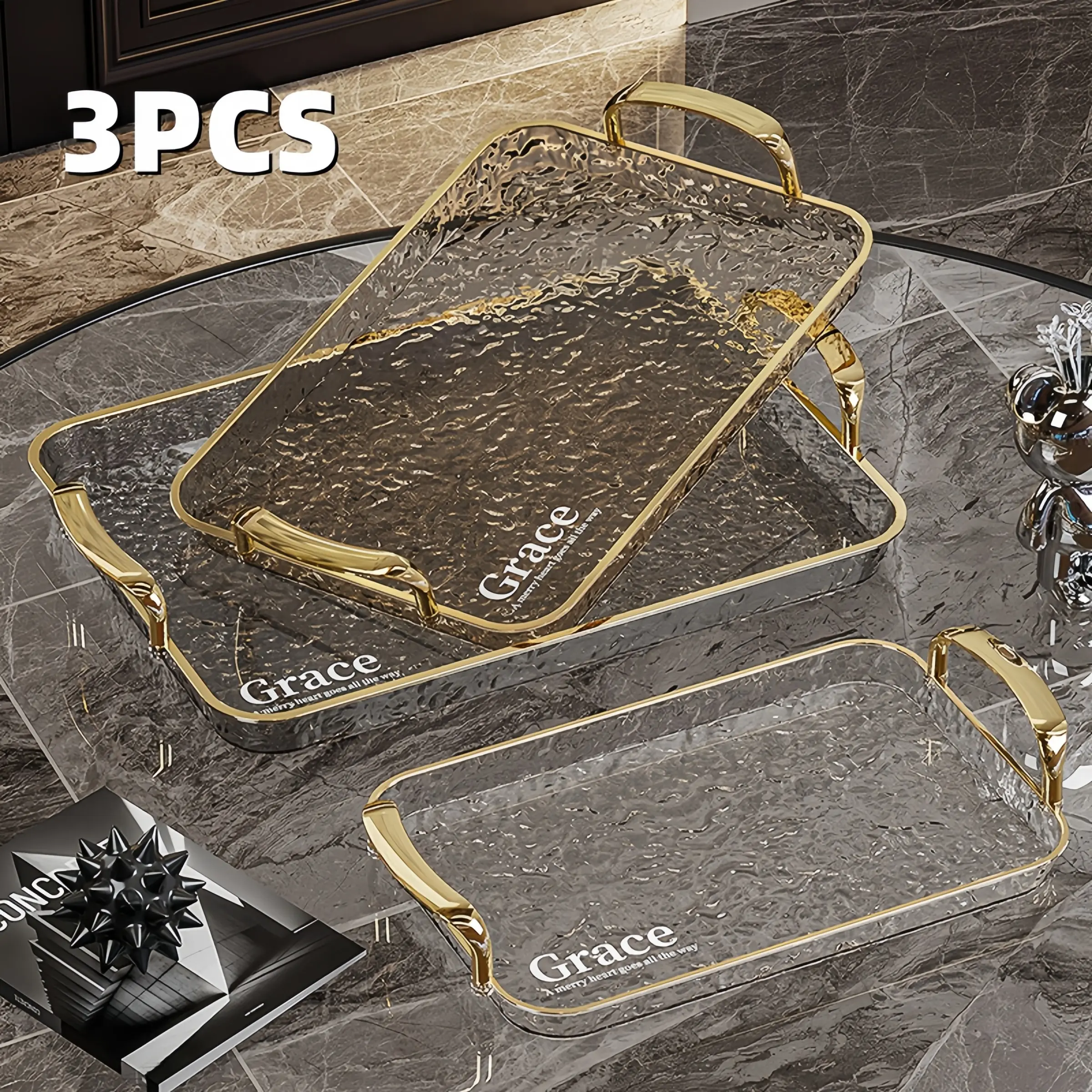 3 Piece Set Wave Pattern Trays with Handles, Large Capacity Reusable Plastic Trays for Food Serving, Plastic Serving Platters, Platters For Serving Food Party, Ideal for Parties and Snacks