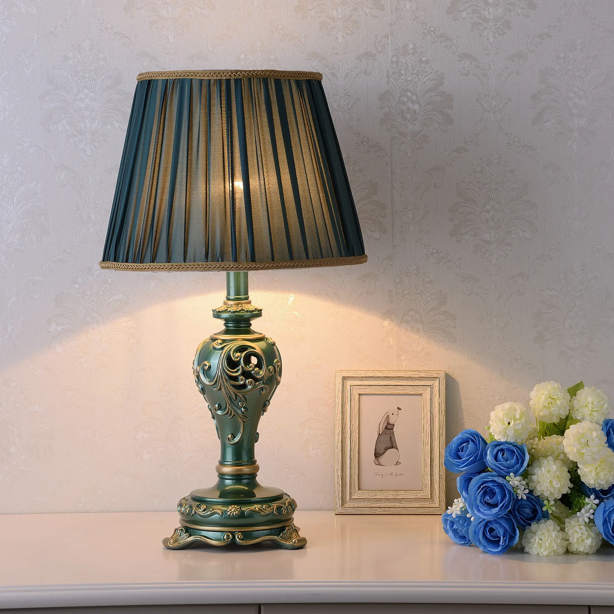 Nokaa Vintage Resin Table Lamp with Fabric Shade, Farmhouse Nightstand Lamp for Living Room Bedroom Office, Hollow Carved Design with Nightlight, Multiple Color Options Available