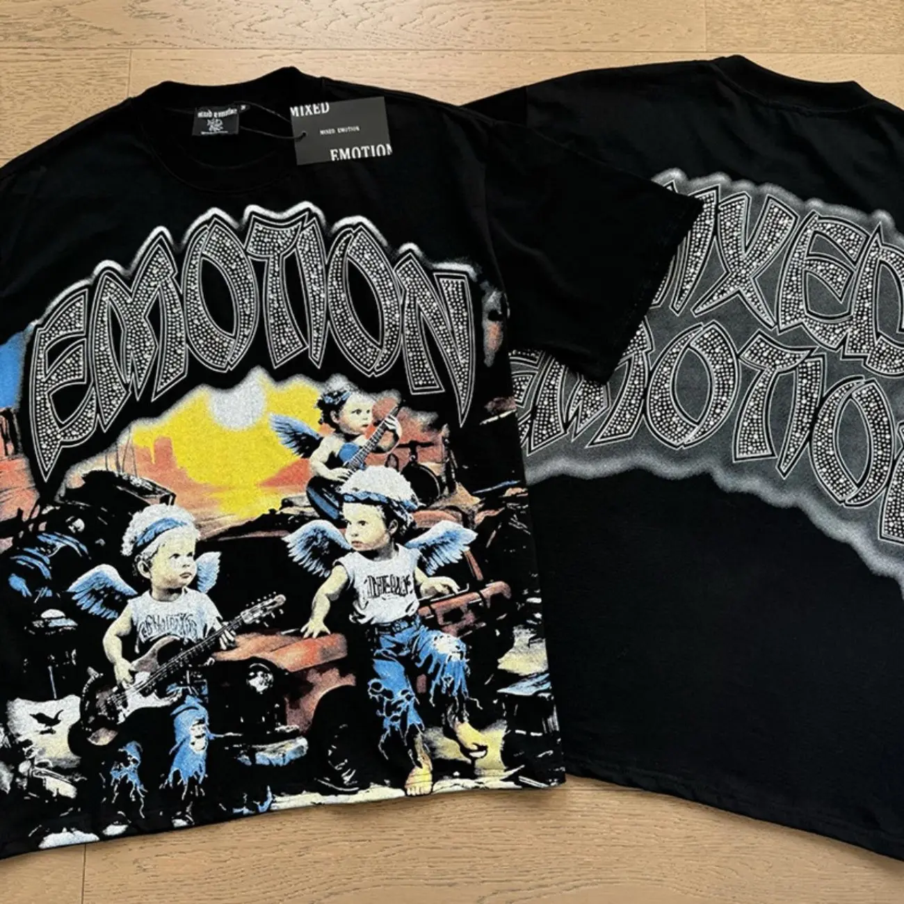 MIXED EMOTION Diamond Angel Graphic Tee, Vintage Washed Cotton T-Shirt for Streetwear, Oversized T-Shirts Tee Hip Hop Summer Short Sleeve Top