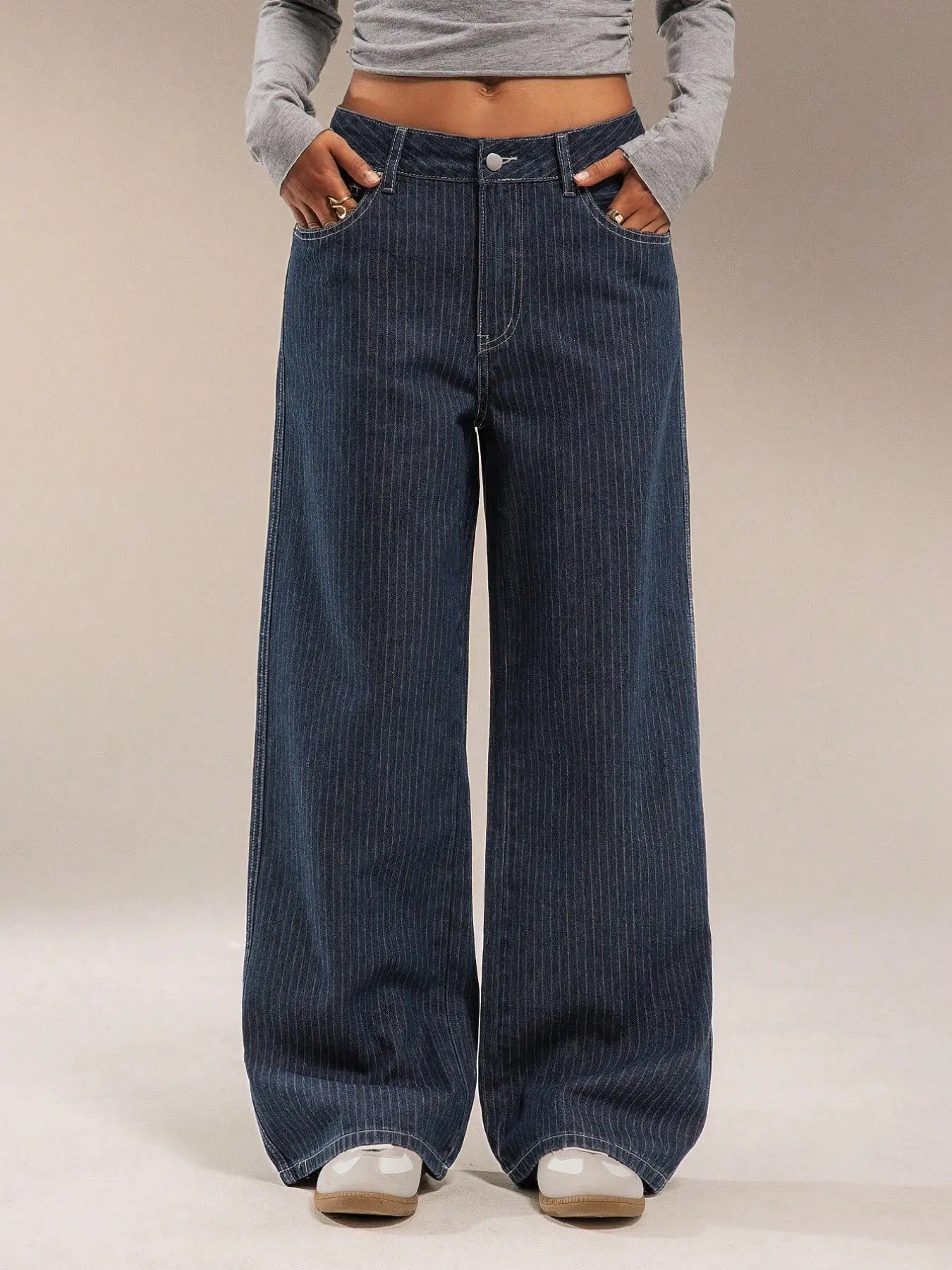 Vintage Striped Denim Jeans Y2K Aesthetic High Waist Oversized Baggy Loose Fit Wide Leg Long Pants Bottoms, Trendy Street Style, Comfortable and Stylish, Button